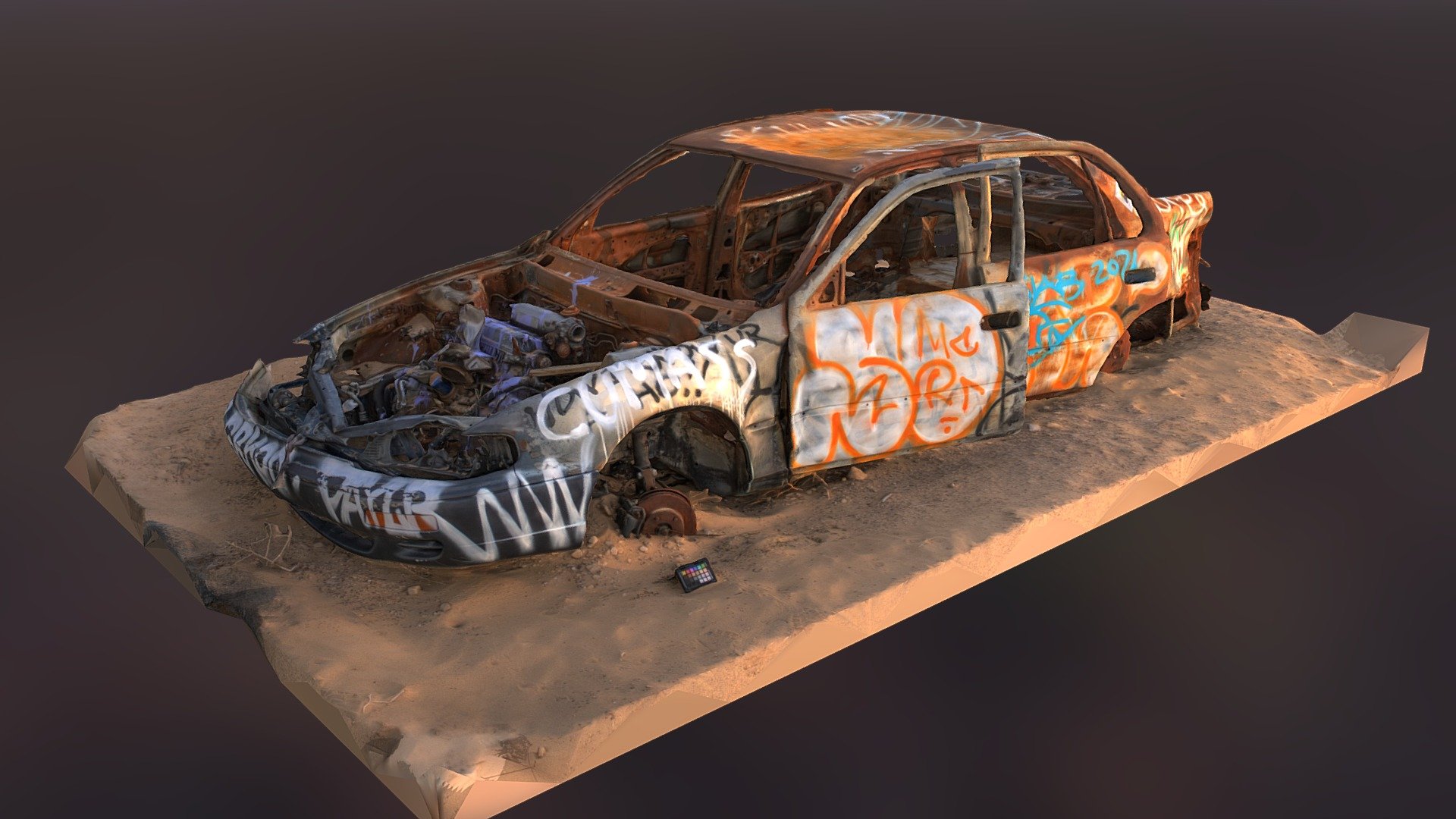 Photogrammetry scan of a burned out car covered in graffiti. 
scanned with a canon 90d and processed in reality capture this is the raw scan decimated to 5% of original scan 

I took this scan in Slab City California 

instagram.com/austinbeaulier
twitter.com/austinbeaulier - Destroyed Graffiti vehicle damaged car scan - Buy Royalty Free 3D model by Austin Beaulier (@Austin.Beaulier) 3d model
