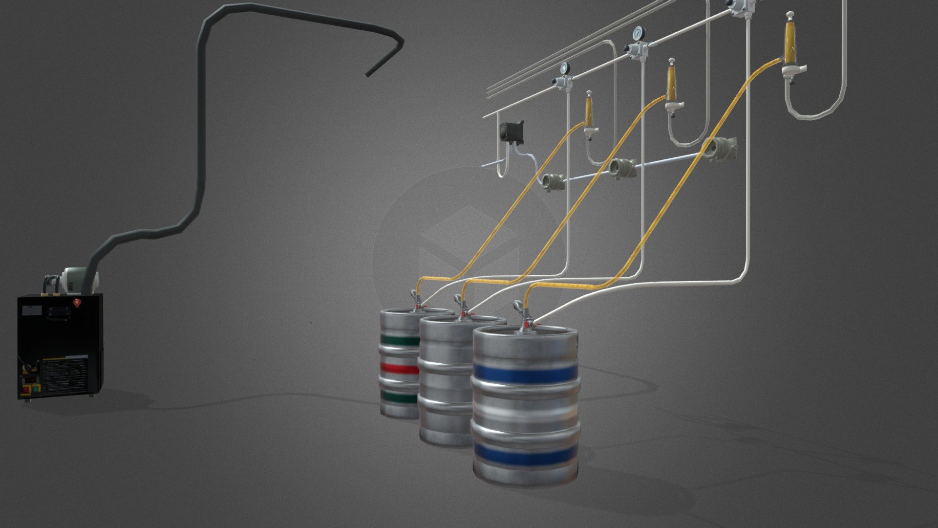 A glycol-cooled draft beer system used in pub and bar cellars to deliver beer from the Keg to the Tap.

Part of the Pub &amp; Micro Brewery Asset Pack avaliable on Unity Asset Store.

Features:


Quad-based mesh
Low-poly model suitable for realtime rendering (game engines, AR, VR)
1024px PBR textures, set up for Unity Standard Shader (smoothness is in alpha channel of metallic)

Included files:


Original .blend file 
FBX file
Textures
Reference images where appropriate

Check out the rest of the Brewery Collection: https://skfb.ly/6RwyO - Draft Beer System - Buy Royalty Free 3D model by Stainless Reality Ltd (@StainlessReality) 3d model