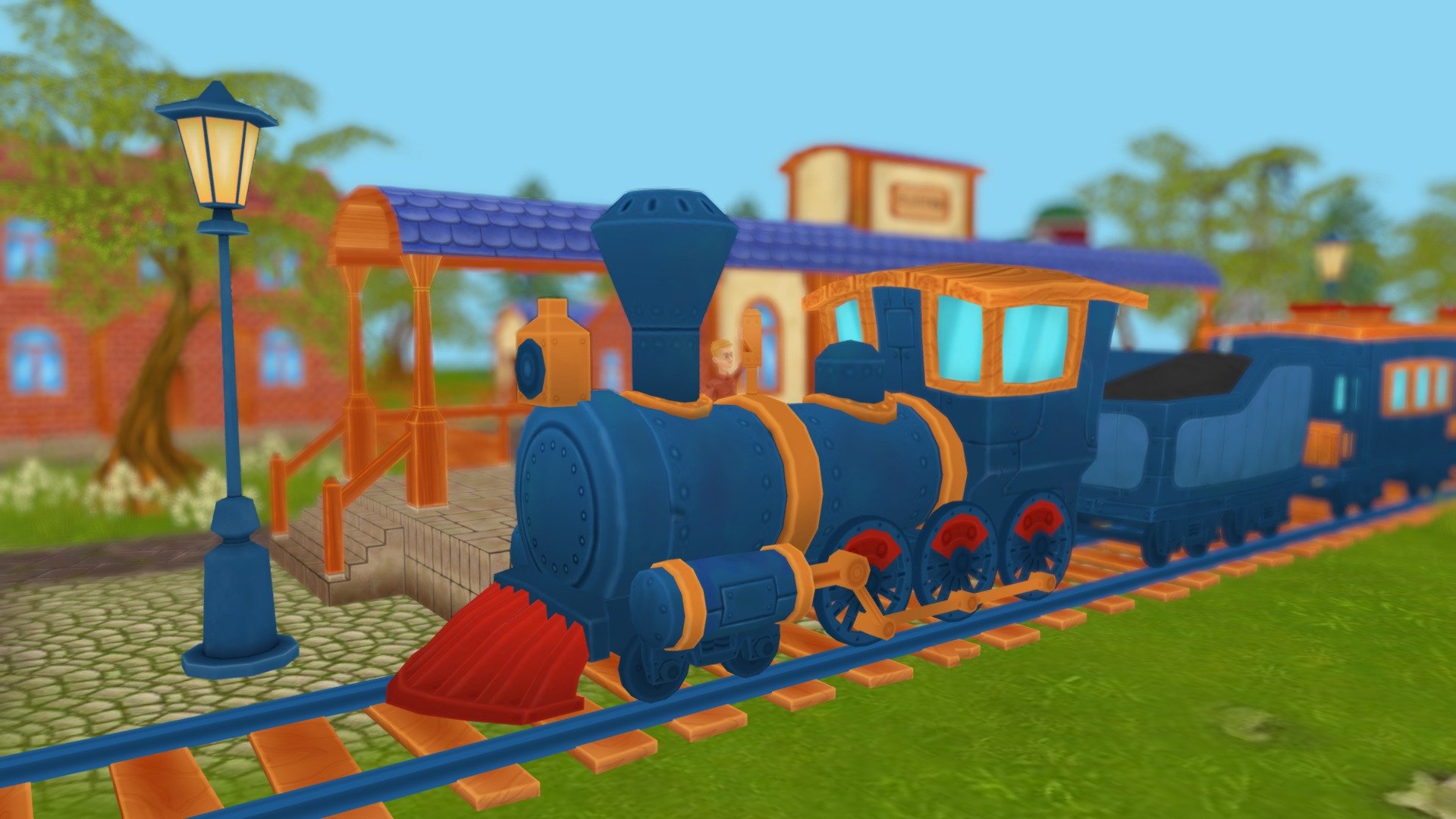 A cartoon train locomotive with wagons and rails, version 1.2.

https://www.youtube.com/watch?v=T-wFInOIsMY

https://www.youtube.com/watch?v=nJsxVSIhphg&amp;t=236s

https://www.youtube.com/watch?v=P2n0PHHWPdg&amp;t=15s

Locomotive, coal, passenger, cargo, platform, - 2 skins. All cars contain 3 animations - idle, run, run cartoon. 3 types of windows - transparent, not transparent, without glass. 2 types of railway, normal and with forms. A fork on the left, a fork on the right, an intersection. 5 buildings and platform, fence, bench. Semaphore, lamp, speaker, column, barrier, types of dead end. 6 ground textures, 2 grass texture. Model tree, spruce. Exhaust smoke. Model farm-hangar, farm-storage, farm-pump, farm-stairs, farm_fence, farm_fence_goal, tent. Character: Man - rig Humanoid 3d model