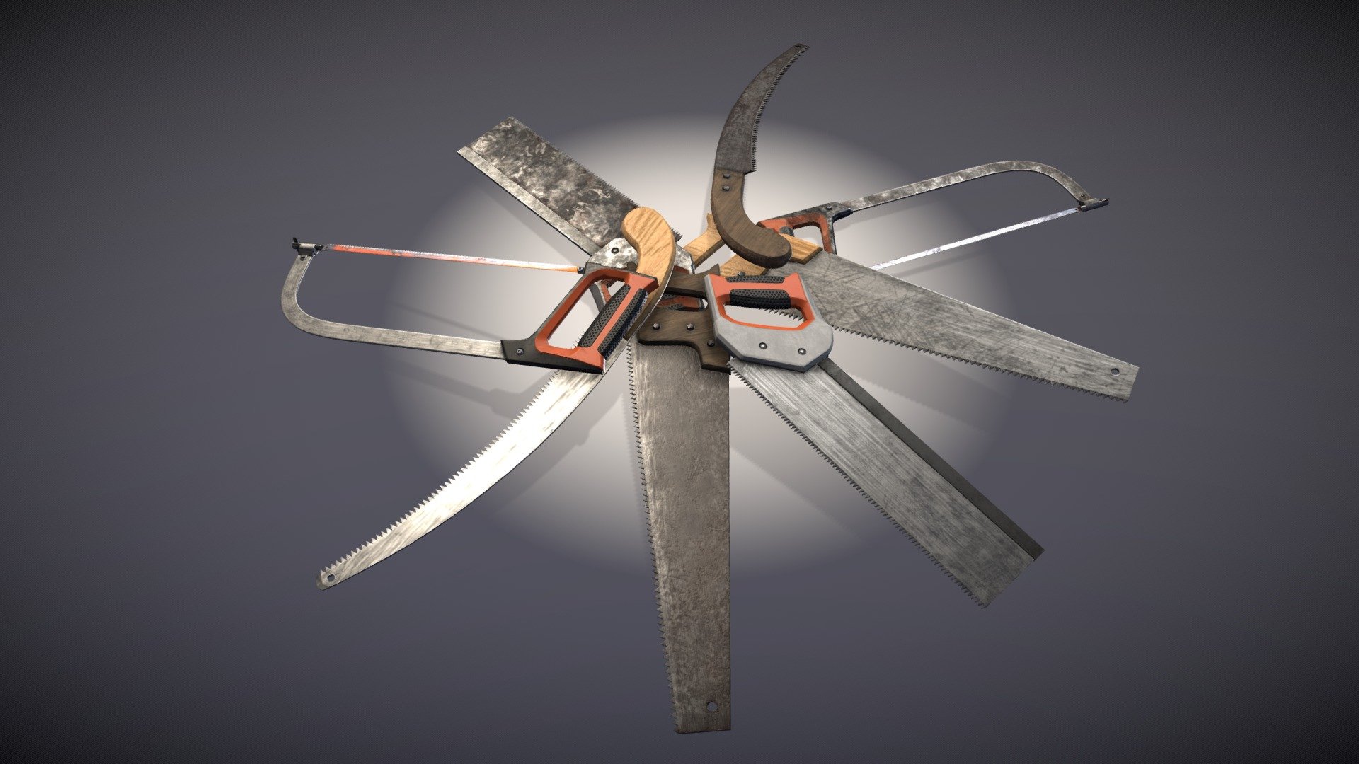 Collection of Saws - Hacksaw - Pruning Saw - Modern Saw - Old Saw - Includes Clean/Used and Dirty/Dilapidated variant texture set.


2k PBR Textures • Albedo • Metalness • Roughness • Normal • AO


Additional file contains .fbx of each asset centered and all textures 3d model