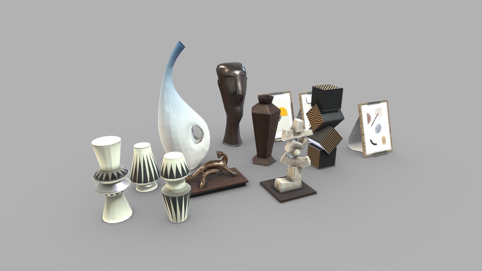 Interior Decoration Object Vase Sculpture Photo Set:


12 objects
Lowpoly, about 500 tris &amp; 250 verts for each model, clean mesh, UV non-overlapping, optimized for games, apps, VR, AR
Realistic PBR texture: Color, Normal, Height, Roughness, Metallic, AO
File format support: FBX, OBj, Maya (native), FBX with material ready for game engine: Unity, UE4
 - Interior Decorations - Buy Royalty Free 3D model by Dzung Dinh (@hugechimera) 3d model