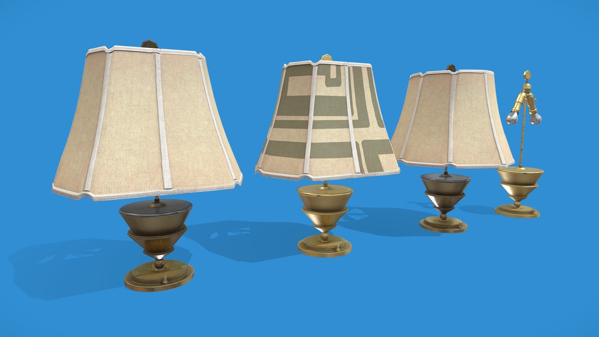 Stylish 1920s gold painted or bronze Table Lamps in two texture variations and one unshaded model variation 3d model