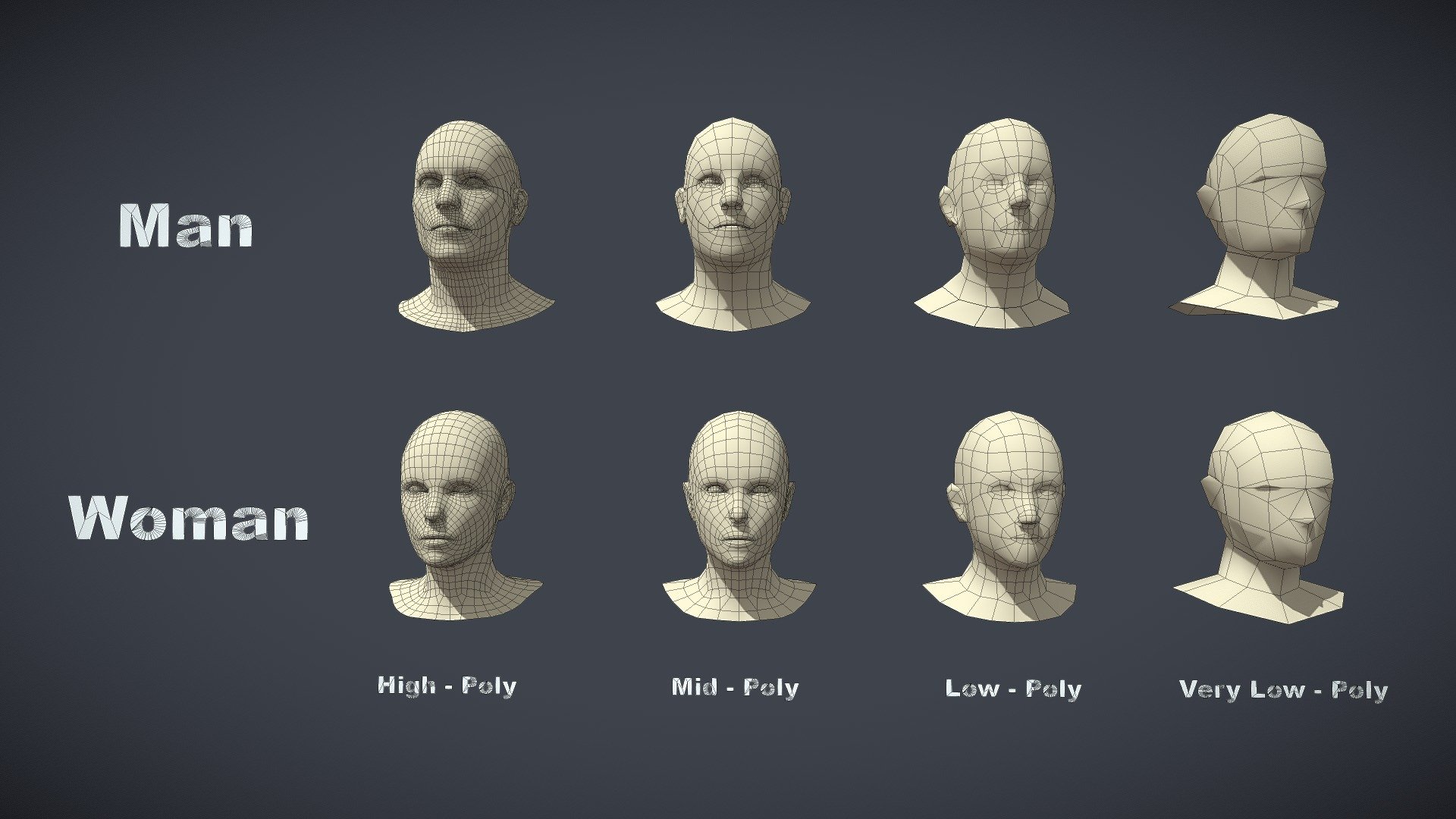 Hi everybody. Introducing to everyone 8 optimal head mesh sets of different versions: high-poly, mid-poly, low-poly, verylow-poly. There are both men and women. Convenient for rendering and artistic creation.



Package description:





Collection includes 8 head model files ( FBX ) 

Mesh amounts range from 194 tris to 11532 tris

The mesh part connects the wrist from 10, 12, 14, 18, 32, 38



Model reference hands: https://sketchfab.com/3d-models/hands-pack-14b5ec4abeed4de3a67243b2ba737819

Model reference Legs: https://sketchfab.com/3d-models/legs-pack-a0e55a2076d94fb3a0205134ad266dd6



Contact me for support. Hope to receive feedback from everyone. Thank - Head Pack - Download Free 3D model by DuNguyn - Assets store (@nguyenvuduc2000) 3d model