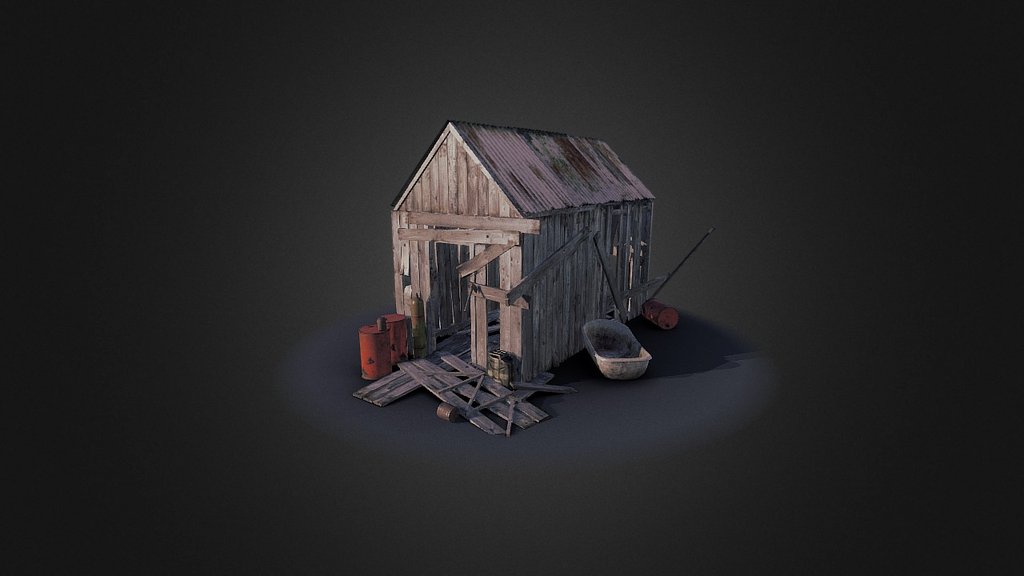 I build this model, because I need to test the textures, before I build larger barn. 

This scene uses 4 sets of textures:

-Wood material - 2048px set of textures done in Phoshopp (Albedo/Metallic/Glossiness/Normal)

-Roof material - 1024px set of textures done in Photoshop (Albedo/Metallic/Glossiness)

-Prop material - 2048px set of textures done in Substance painter (except for Jerrycan, it is an older model, that was done in Photoshop. Original texture was rebaked onto this one. Albedo/Metallic/Glossiness/Normal). This texture contains - Barell, Jerrycan, Preasure tank, 3 cans, Bucket, Bath, Axe, Shovel, Saw, Pitch Fork.

-Floor - just AO map and opacity map.

Approximate size of the shack: 6.3m x 3.3m x  4.7m (length x width x height)  - Test shack - 3D model by Eprdox 3d model