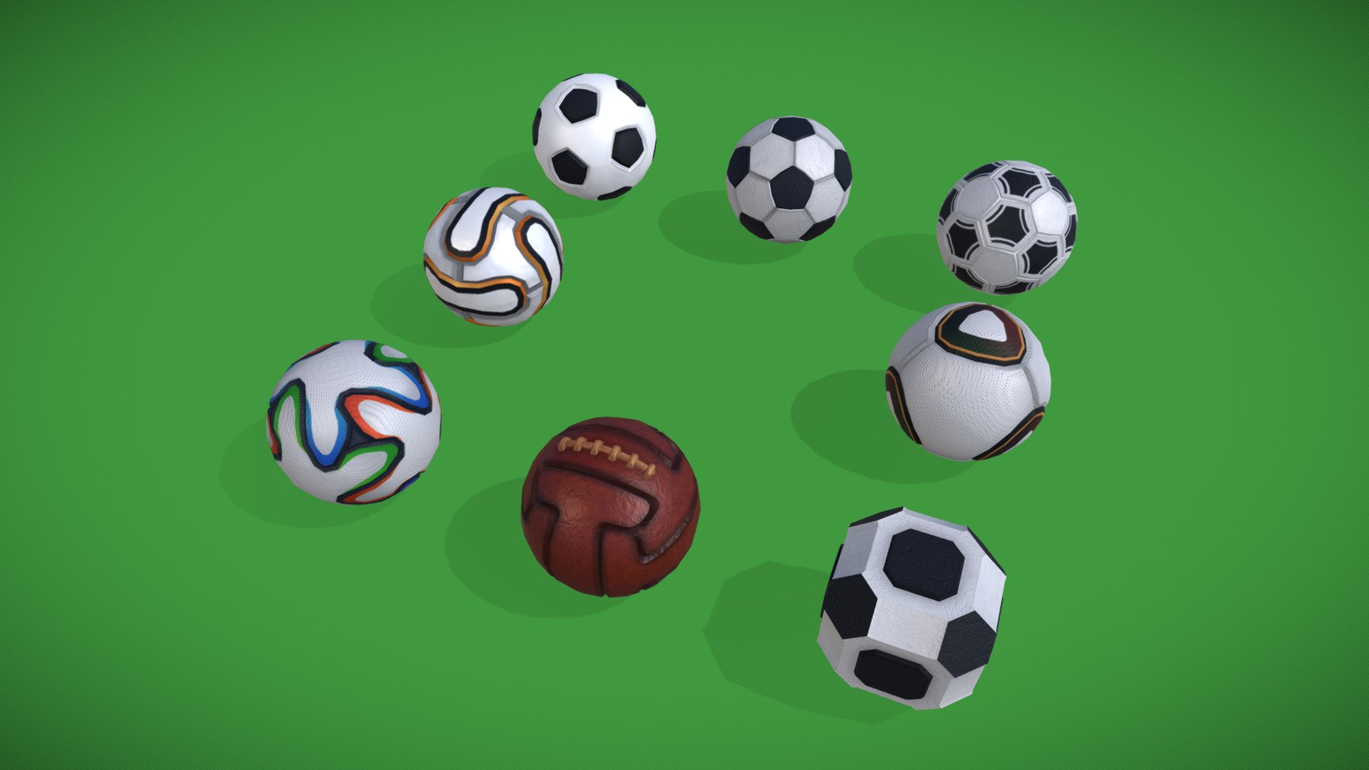 8 variations of the ball representing the evolution of soccer.




Handpainted

Bump textures

Real life ball patterns.

Game ready performance
 - Sports balls Pack: Soccer - Buy Royalty Free 3D model by Alberto Luviano (@AlbertoLuviano) 3d model