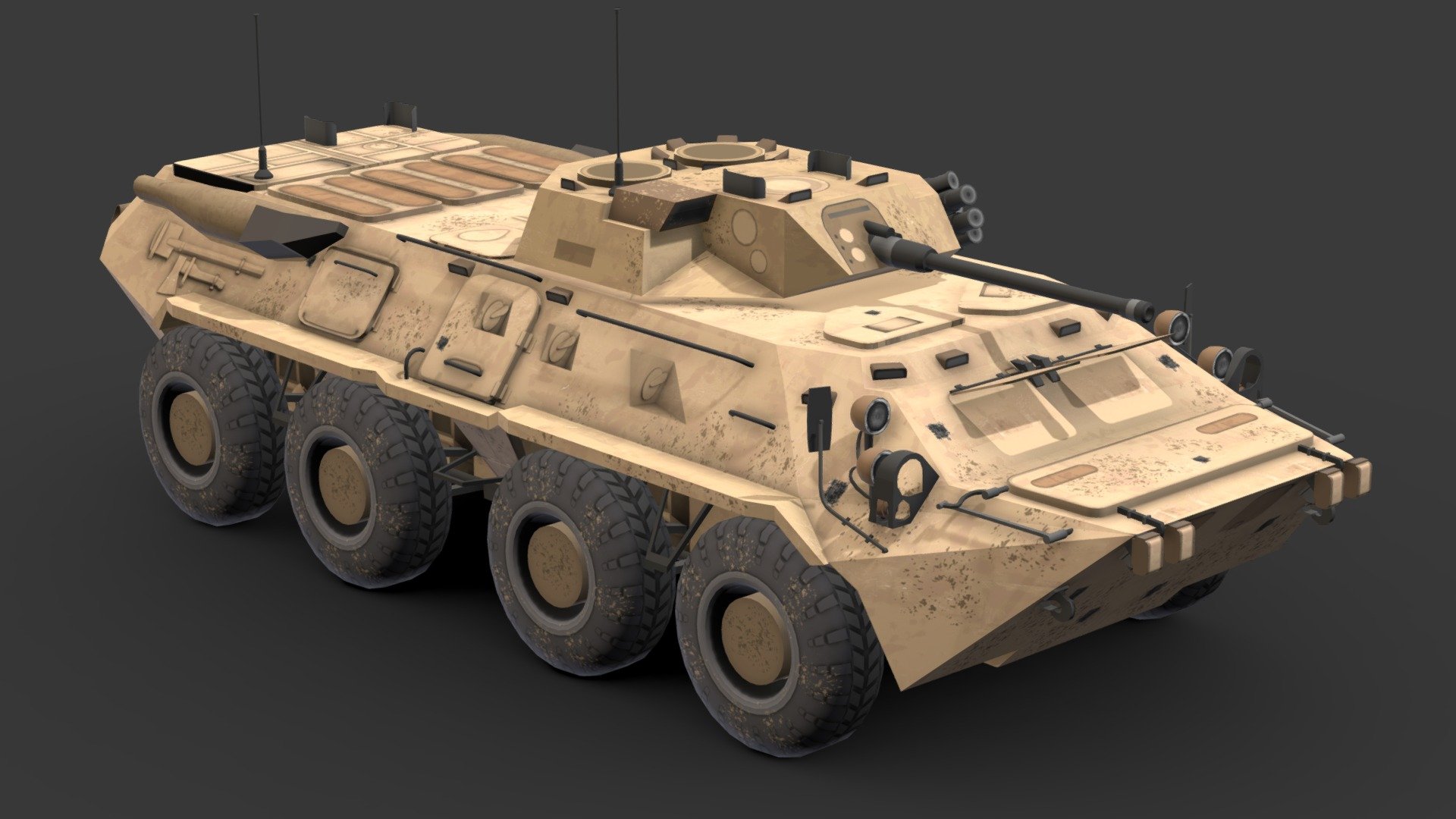 War Vehicle 3D Low-Poly # 7

You can use these models in any game and project.

This model is made with order and precision.

Separated parts (body. wheels).

Very low poly

Average poly count: 15,000 tris.

Texture size: 4096/4096 (BMP).

Number of textures: 1.

Number of materials: 1.

Format: fbx.obj.max.mtl 3d model