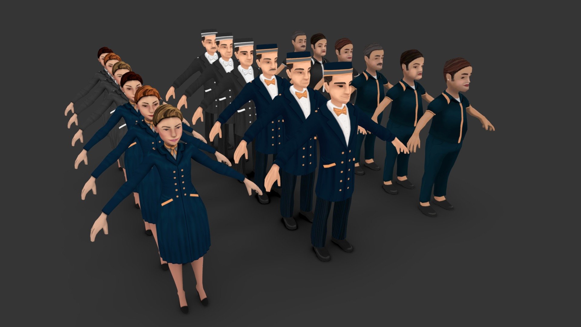 3 x 3D models in fbx format

every model has 6x 2048 textures

3 faces and 2 uniform colors per model

Rigged with mixamo and corrected by hand

Comes with blend file with RIG - Characters pack lowpoly Hotel Staff rigged - Buy Royalty Free 3D model by mahrcheen 3d model