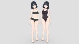 Emi style, rig, collection, summer, bikini, swimsuit, modeling, girl, asset, 3d, blender, art, low, poly, model, female, characters, animation, anime