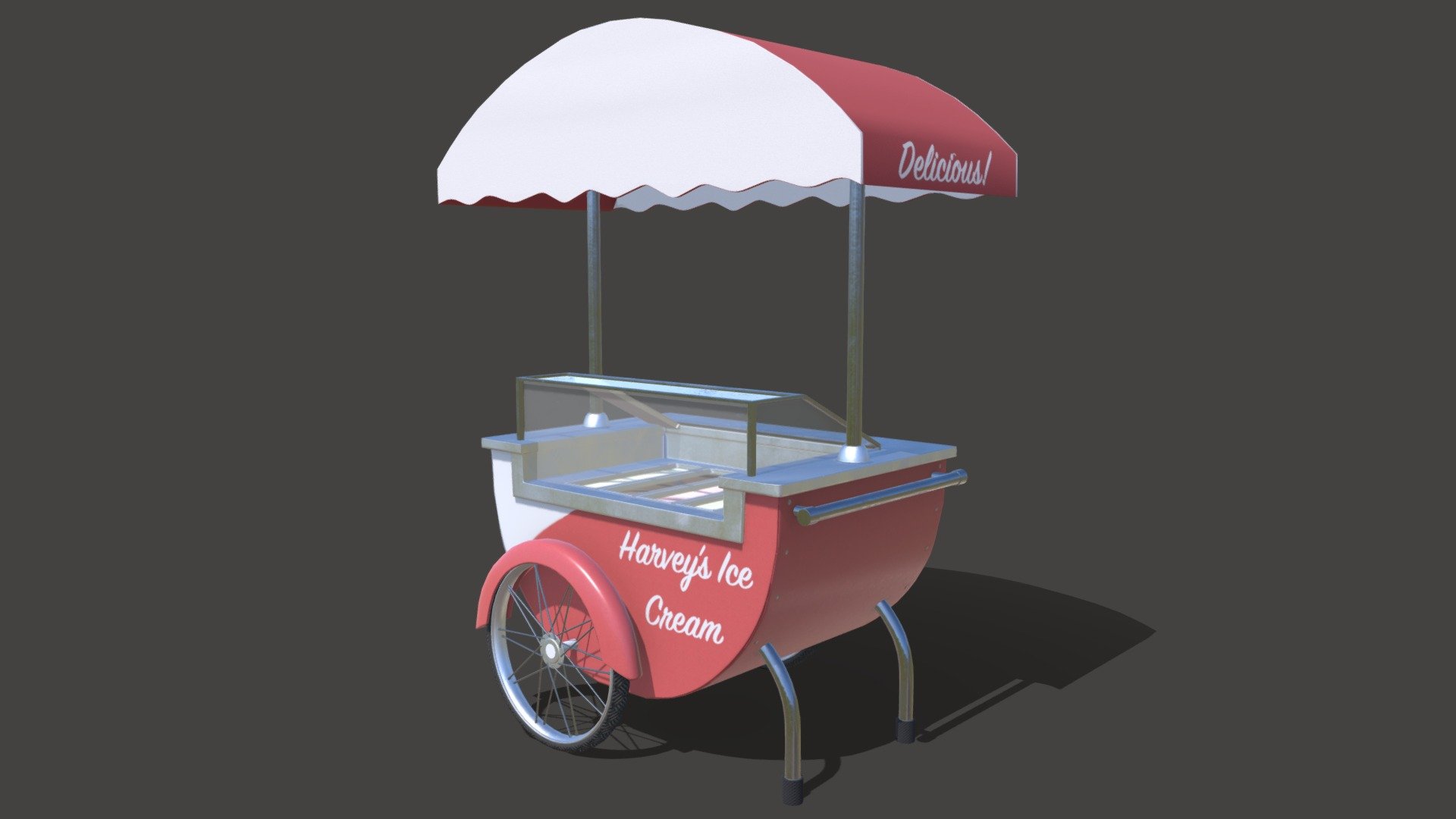 An Ice Cream Cart prop I'm making for class.
Production stage: Finishing texture details.

ArtStation: https://www.artstation.com/nr_burr - Ice Cream Cart Prop - 3D model by Nadia Rea Burr (@NR_Burr) 3d model