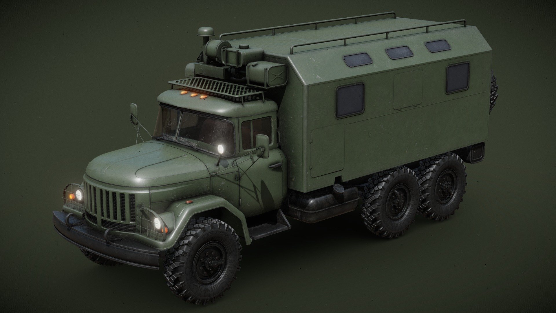 General purpose 3.5 tonne 6x6 army truck designed in the Soviet Union. Here, in mobile command post version.

Separate materials for: cabin, interior, glass, frame, wheel and command module.

Wheels are separate objects.

4k PBR textures for cabin, interior and command module. 2k for frame and wheel. 1k for the glass.

Textures for glass and command module with alpha transparency 3d model