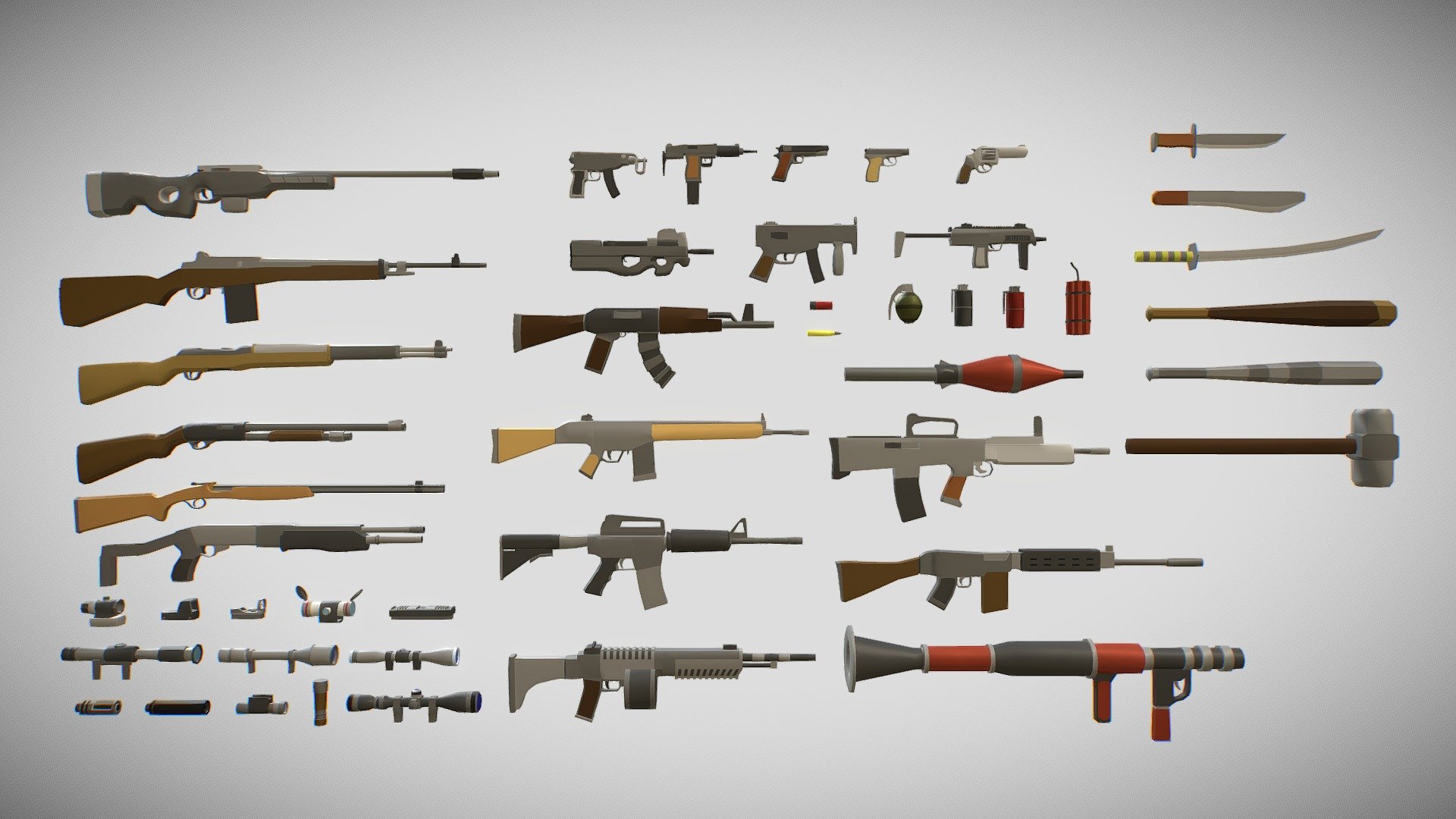 This package includes all individual models with clean topology in a zip file inside the package. The preview model appears to not have clean topology only because it was exported from Unity.

Polygonal Modern Weapons is a high quality asset package for your polygonal or prototype game ideas!




The package uses a single atlas texture that has base colors for all the models. This ensures fantastic visuals and unparalleled performance.

Includes 46 weapon assets! These include melee weapons, explosives, shotguns, rifles, machine guns, sub-machine guns, pistols, attachments, launchers, and more!

Support email : alignedgames@mailbox.co.za

Aligned Games website : https://alignedgames.com/ - Polygonal Modern Weapons Asset Package - Buy Royalty Free 3D model by Aligned Games (@Johannesnienaber) 3d model