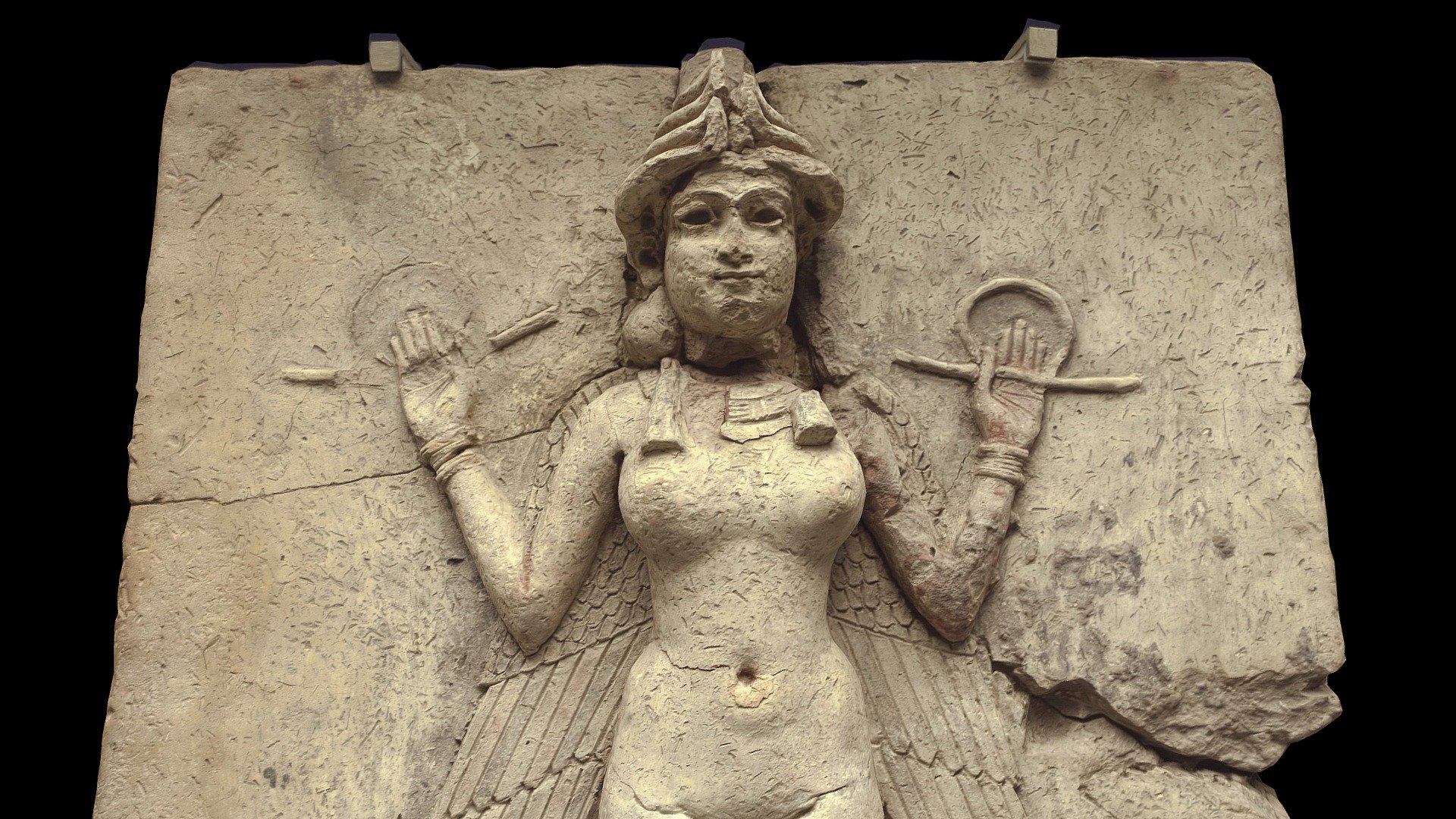 ---------------------------------------------------------
Obtained from 33 photographs.
The Queen of the Night is a Mesopotamian terracotta plaque in high relief of the Isin-Larsa- or Old-Babylonian period, depicting a winged, nude, goddess-like figure with bird's talons, flanked by owls, and perched upon two lions.
The relief is displayed in the British Museum in London, which has dated it between 1800 and 1750 BCE. It originates from southern Mesopotamia, but the exact find-site is unknown. Apart from its distinctive iconography, the piece is noted for its high relief and relatively large size, which suggest that it was used as a cult relief, making it a very rare survival from the period. However, whether it represents Lilitu, Inanna/Ishtar, or Ereshkigal is under debate. The authenticity of the object has been questioned from its first appearance in the 1930s, but opinion has generally moved in its favour over the subsequent decades 3d model