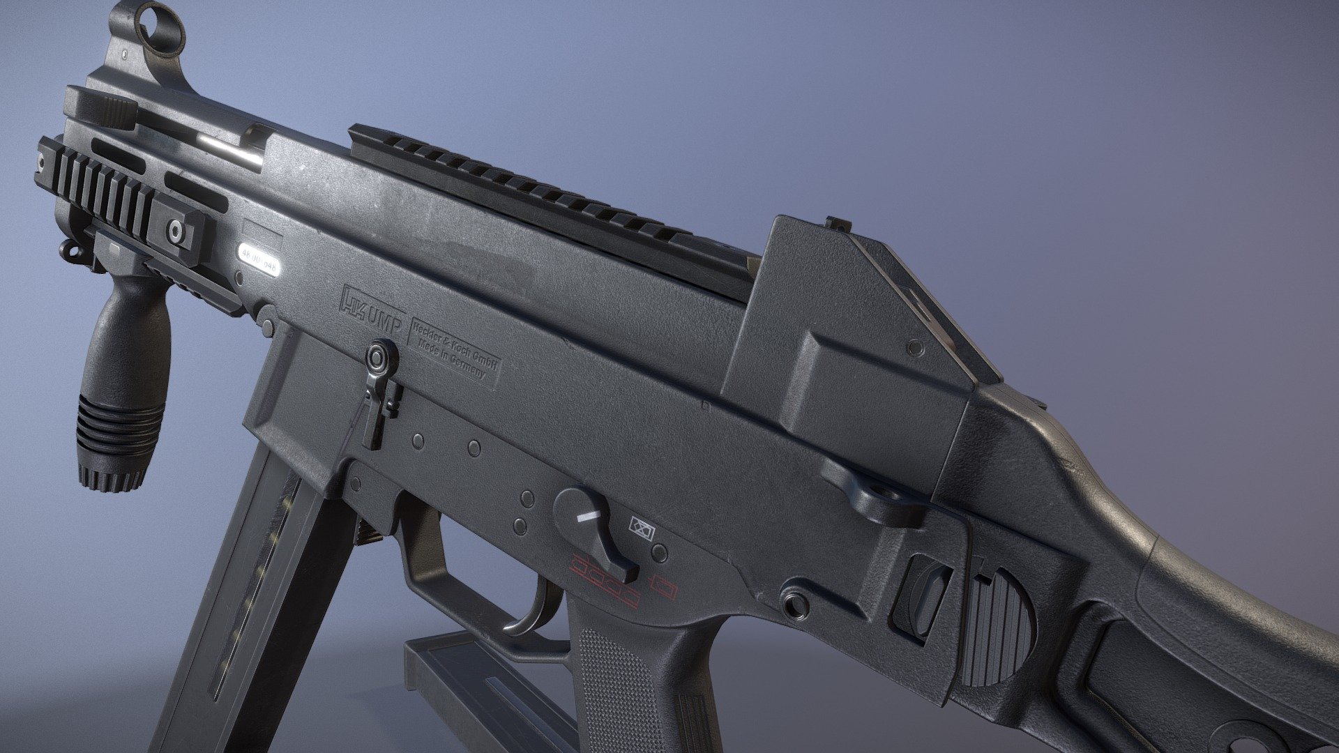 Game-ready UMP submachine gun.

Originally modeled in 3ds Max 2018. Download includes .max, .fbx, .obj, metal/roughness PBR textures, specular/gloss PBR textures, textures for Unity and Unreal Engines, and additional texture maps such as curvature, AO, and color ID.

Model ready for animation. Movable parts include: bolt, fire selector, magazine, mag release, trigger, cocking handle, and stock. The stock is foldable.

Approximate dimensions: 68cm x 6cm x 33cm

Model is triangulated, no n-gons. A quaded version is included in the download. .45 ACP cartridge included 3d model