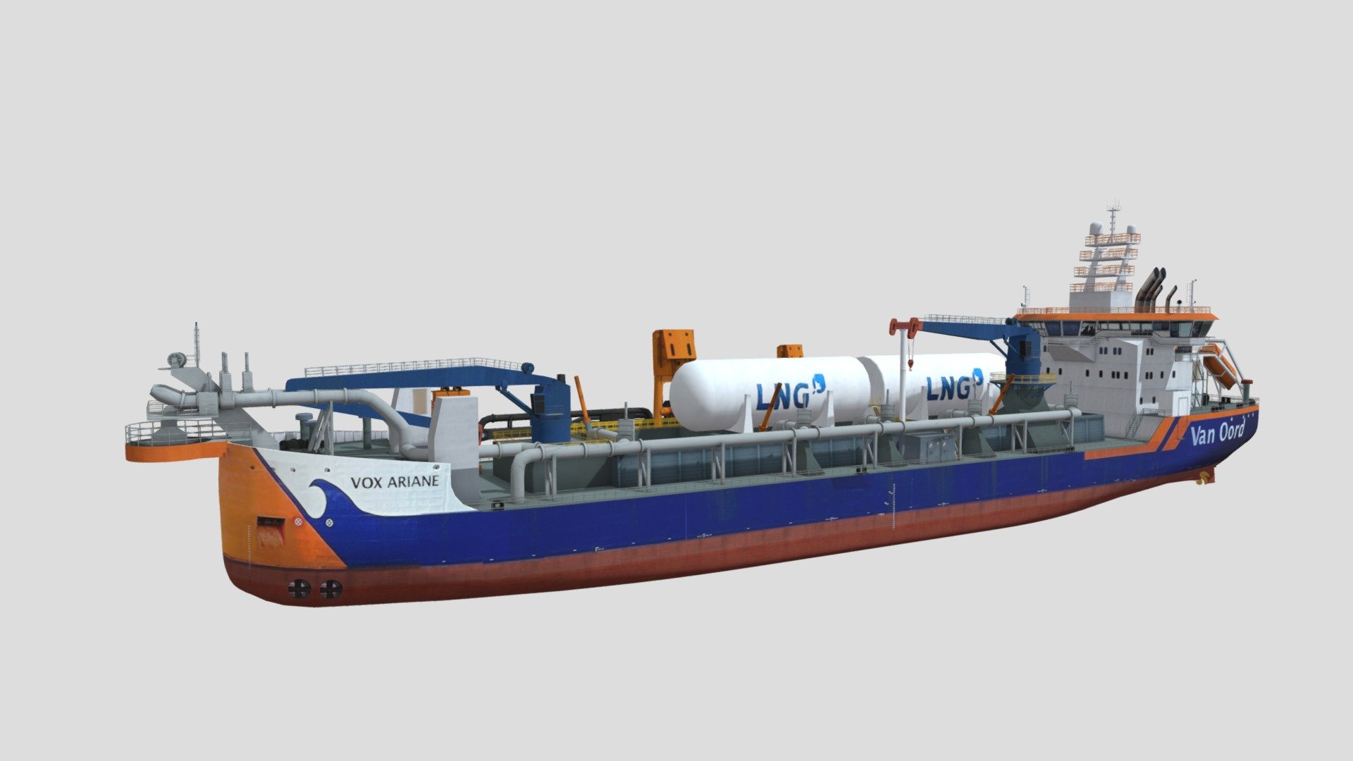 As one of three LNG propelled hoppers (Vox Ariane, Vox Apolonia and Vox Alexia) this trailing hopper suction dredger contributes to Van Oord’s aim of making its fleet state-of-the-art and more energy efficient. 

These vessels will each be equipped with a suction pipe with submerged e-driven dredge pump, two shore discharge dredge pumps, five bottom doors, and a total installed power of 14,500 kW. They will have accommodation for 22 persons. 
The vessels will obtain a Green Passport and Clean Ship Notation 3d model