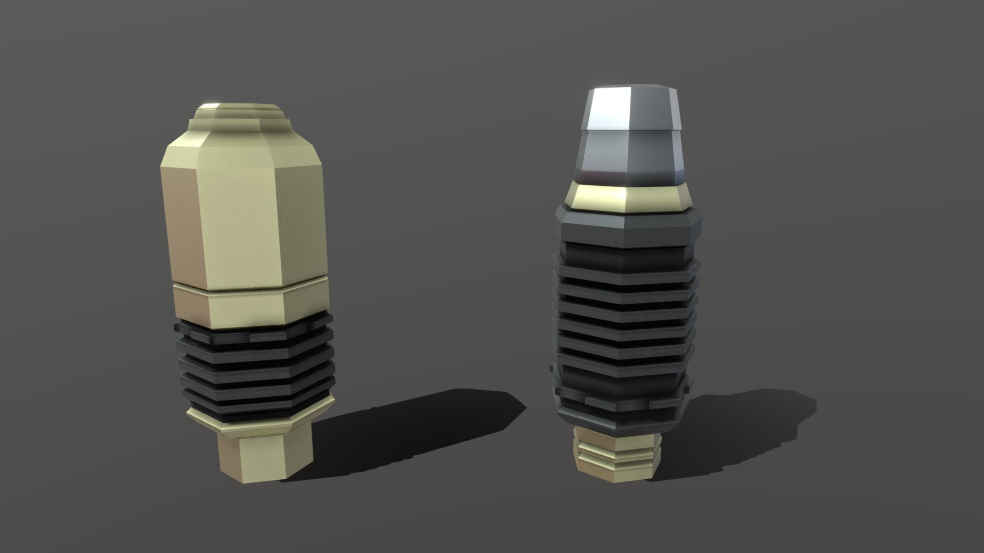Low-Poly models of the VOG-25 and VOG-25P, both rounds designed for use in grenade launchers such as the GP-25. They have a maximum range of a little over 400m, with a launch velocity of about 76.5m/s.

The VOG-25 explodes on impact with a kill radius of six meters.
The VOG-25P is a bouncing grenade, with a small charge in the front detonating upon impact and causing it to jump about one meter upwards and then detonate 3d model