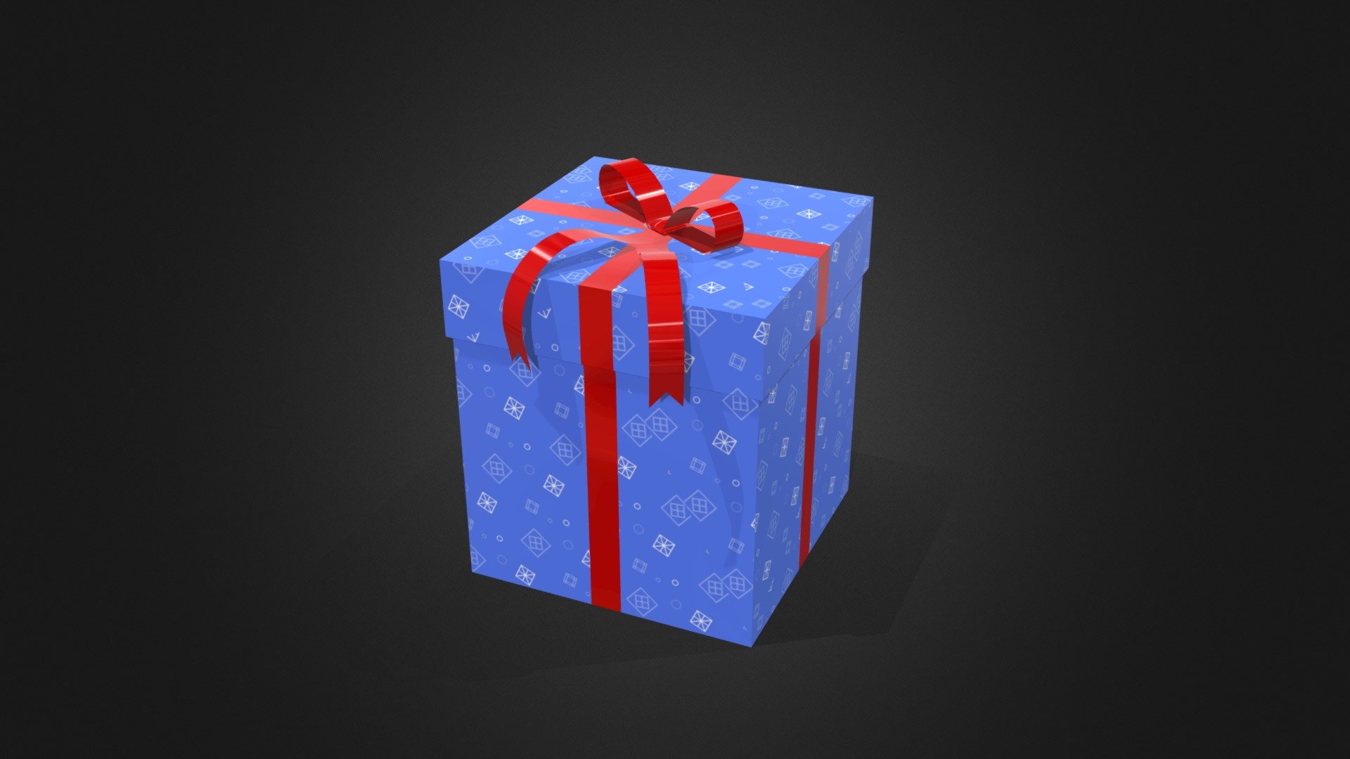 A blue, glossy paper wrapped package with a repeating pattern, golden ribbon. Low poly model, good performance. Only one texture used 3d model