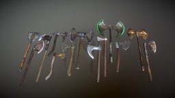 Set of axes hammer, medieval, iron, battleaxe, waraxe, blunt, tamriel, weapon, knife, game, low, poly, axe, free, sword, fantasy, war, dagger, throwingaxe