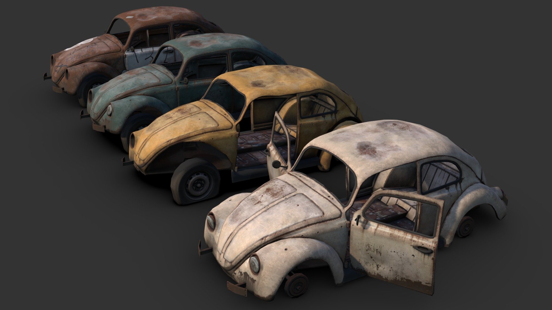The hollowed out shell of an old economy car, turned into a gameready modular asset, with texture variations and lots of detachable parts.

Made in 3DSMax and Substance Painter - Wrecked Bug - Buy Royalty Free 3D model by Renafox (@kryik1023) 3d model