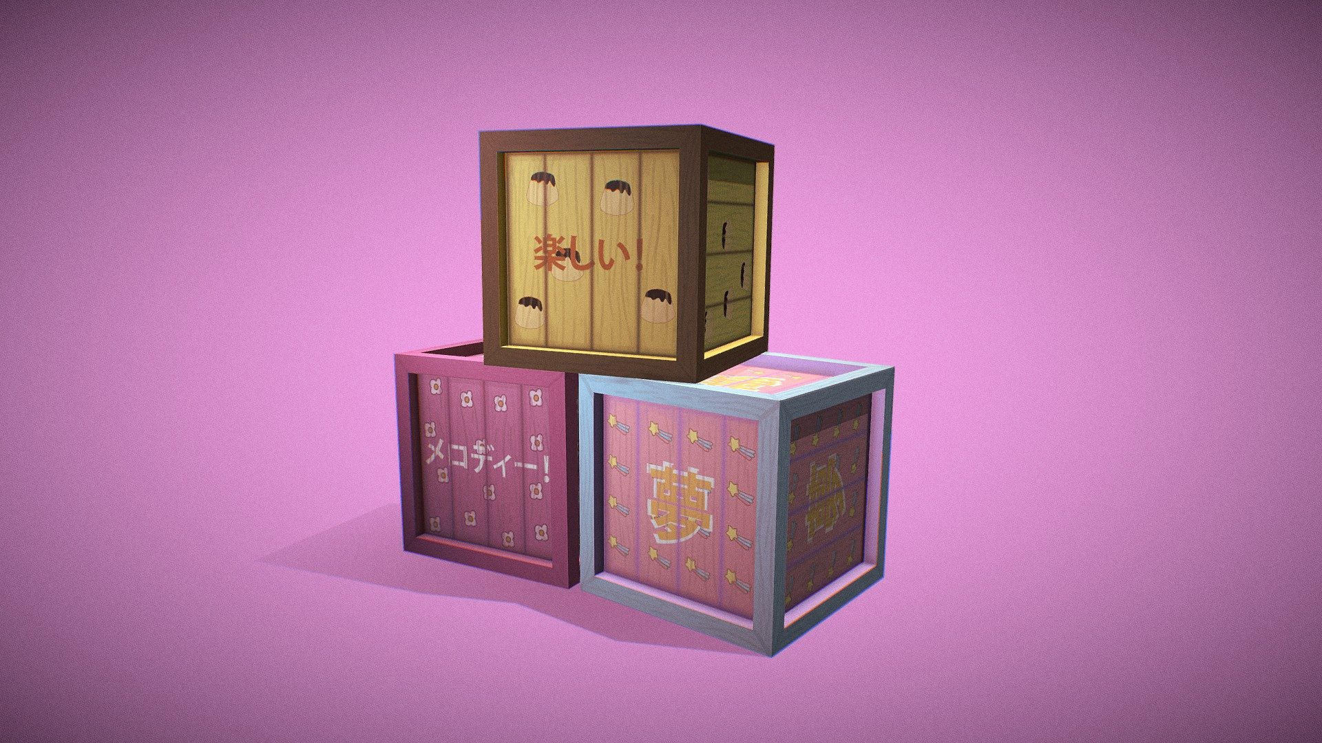 Simple crates inspired by the Sanrio characters My Melody, Pompompurin and Little Twin Stars 3d model