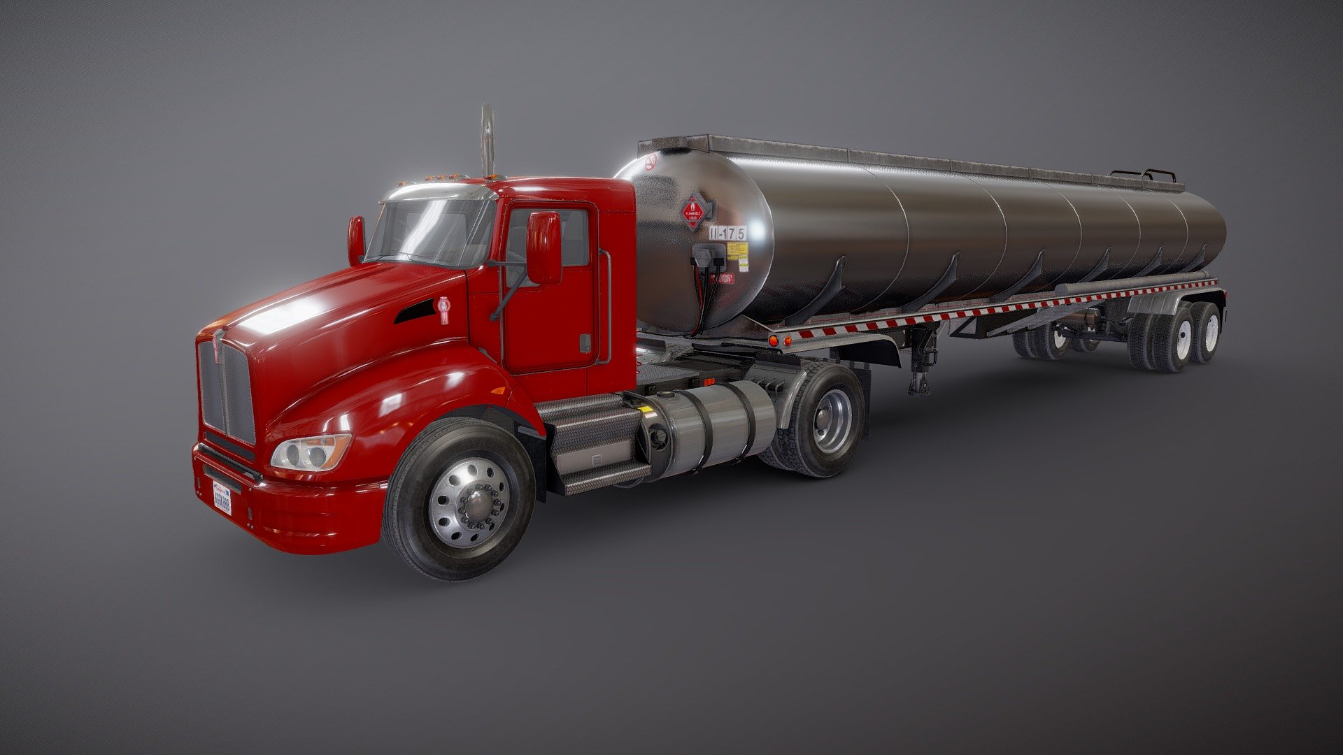 Kenworth T370 fuel tank game ready model.

Full textured model with clean topology.

High accuracy exterior model

Different tires for rear and front wheels.

Different wheels for rig and van trailer.

High detailed cabin - seams, rivets, chrome parts, wipers and etc.

High detailed rims and tires, with PBR maps(Base_Color/Metallic/Normal/Roughness.png2048x2048 )

Original scale.

Truck size

Lenght 6.73m , width 3.38m , height 3.96m.

Full size

Lenght 19.7m , width 3.38m , height 3.96m.

Model ready for real-time apps, games, virtual reality and augmented reality.

Asset looks accuracy and realistic and become a good part of your project 3d model