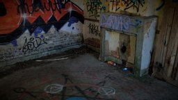 Room in abandoned factory room, abandoned, ruins, grass, brick, painting, chimney, satan, grafitti, occult, ghotic, photogrammetry, 3dscan, stone, factory, wall