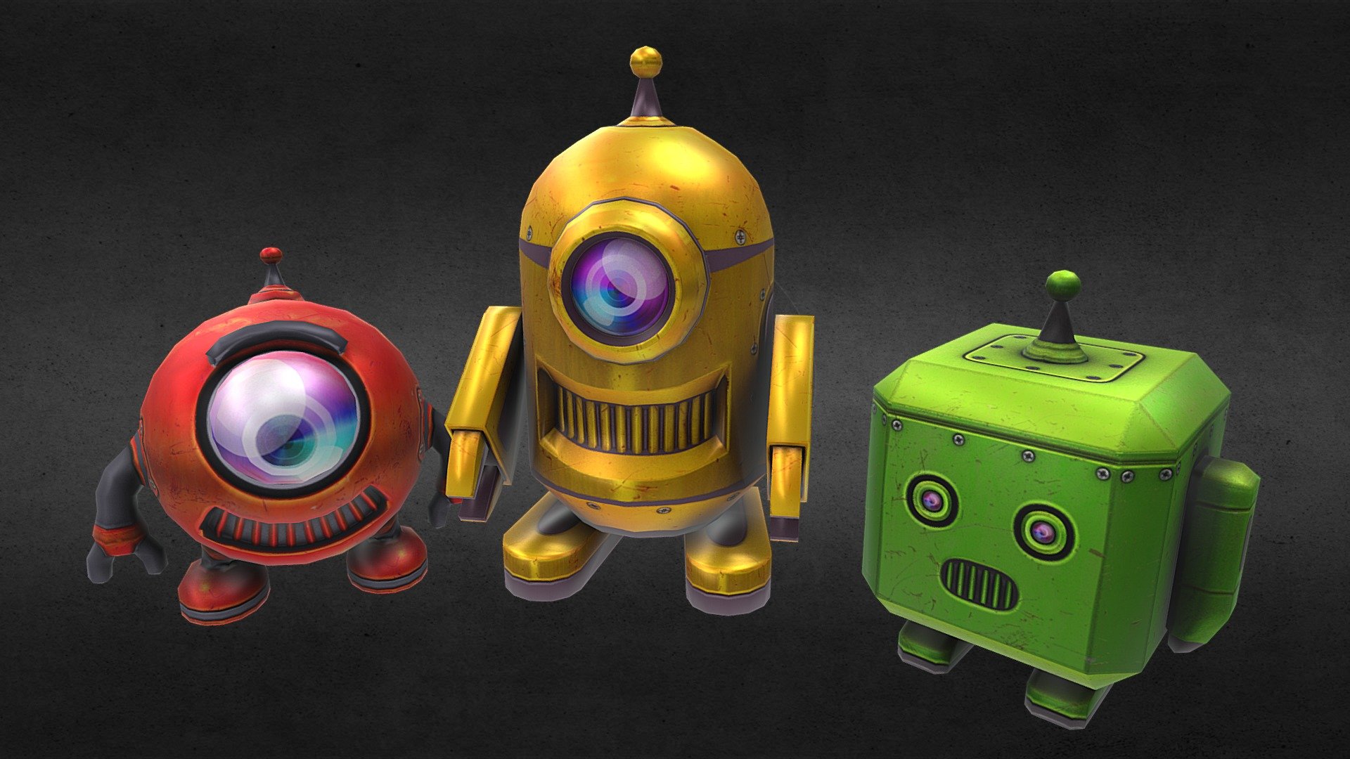 Lowpoly cartoon robots for mobile games, texture with baked reflections 3d model