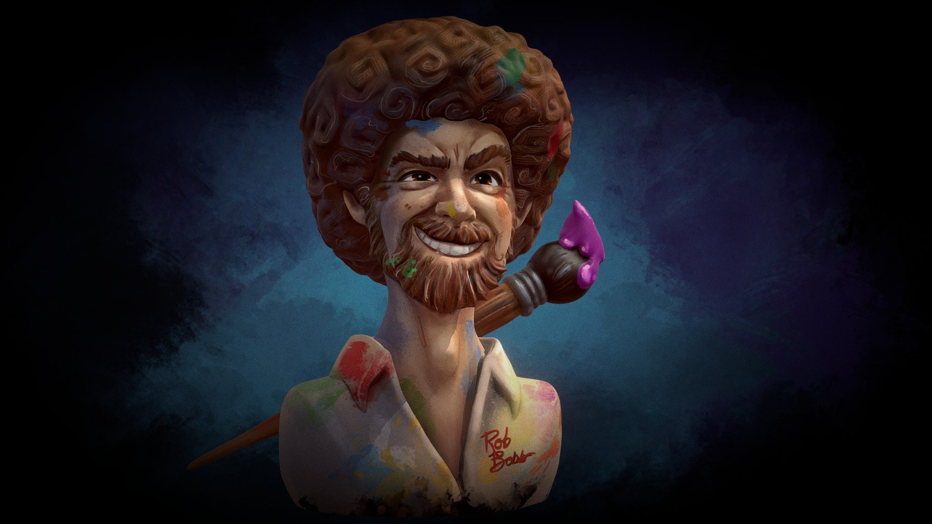 Bob Ross, the legend.
Hand-sculpted in Nomad and hand-painted in Procreate all on the iPad!  Feel free to download the model and give him a fresh coat of paint on your own!

Watch a speed walkthrough video of the creation process here:
https://youtu.be/IMRf65_iBUc - Rob Boss - 3D model by eric3dee 3d model