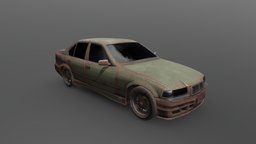 Imperfect-black-bmw-e36 muscle, retro, wreck, rusty, volkswagen, damaged, toyota, old, saab, deserted, low-poly, car, environment