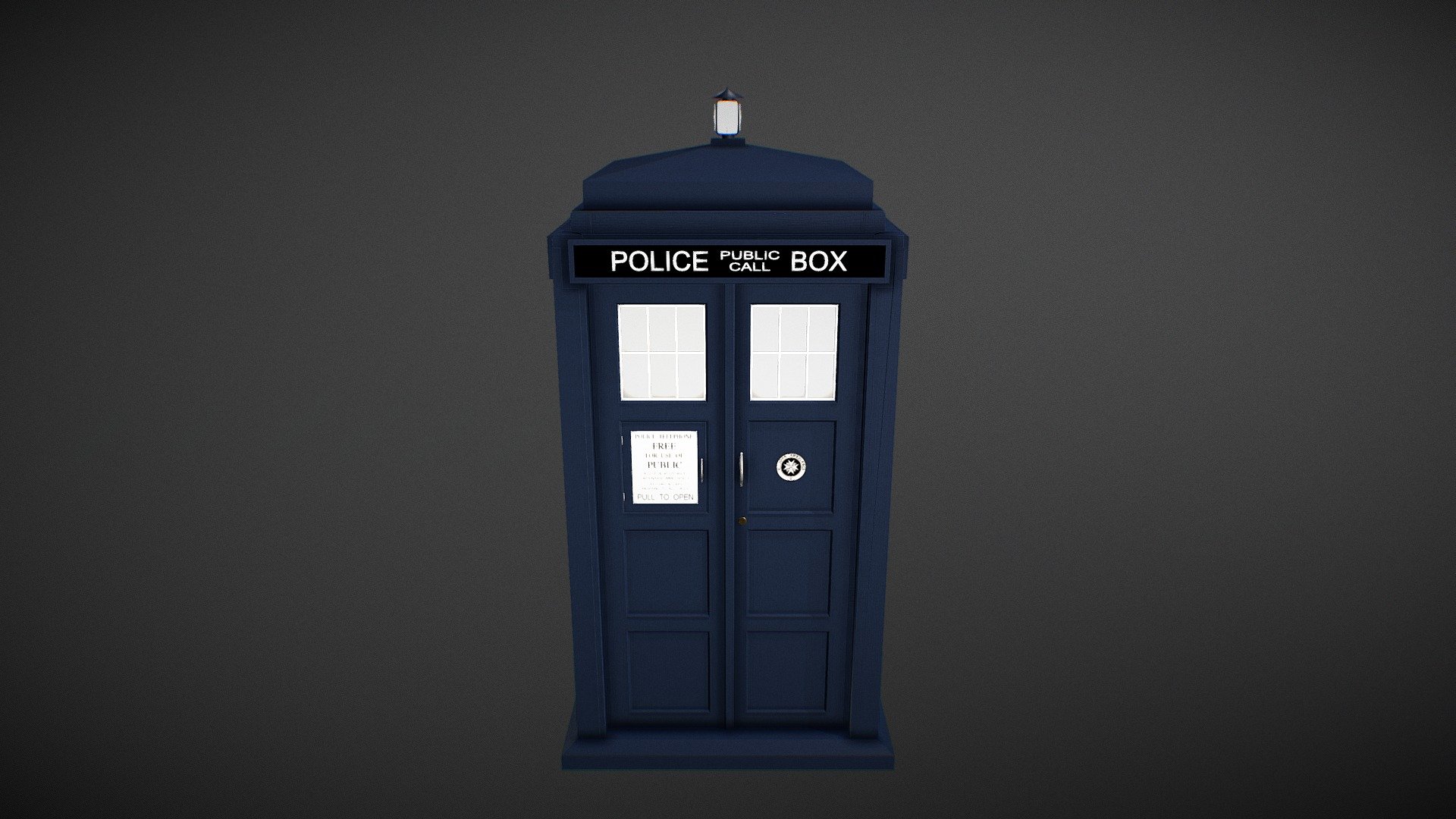 Police Box from BBC Sci-Fi Series &lsquo;Doctor Who'.

Modelled in Blender.

Work in progress 3d model