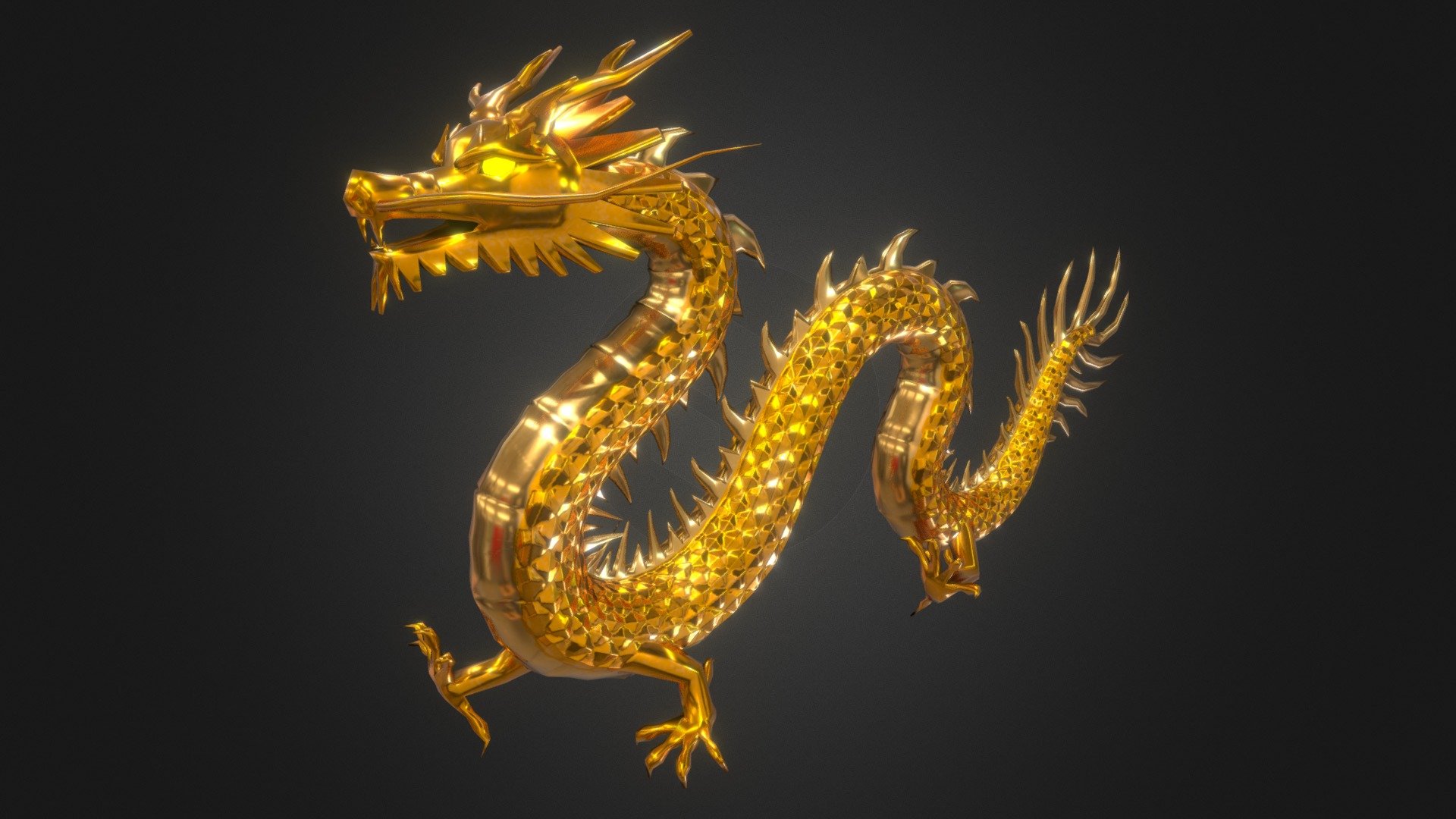 This is a 3D model of a Chinese-style golden dragon that I created using Blender and the PBR workflow.

Its materials are composed of six PBR textures: AO, BaseColor, Metalness, Roughness, Normal, and Emissive.

It can be directly imported into a game engine and render excellent effects 3d model