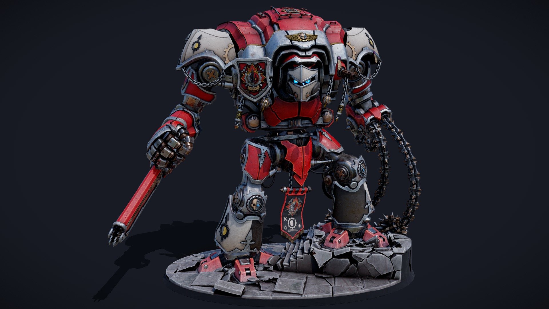 Here's the result of a project i've been working on over the last few months. the model is a re-interpretation of an imperial knight gallant from warhammer 40k. the main model was modelled and rigged in blender and textured in substance painter. The base was made using destruction simulations in Houndini out of a mesh made in blender. 
You can check out this video i made to breakdown part of the process and show some renders: https://youtu.be/yO2ZXmi9ick
artstation post about this project:     https://www.artstation.com/artwork/qQXm4N
UPDATE: the file is finally available for purchase! STL and 3D print-ready files are included with an option for small printers. please notify me if you have any issues with the files, i will be updating those with your feedback / if it doesnt work as well on specific printers. Feel free to contact me for commissions on similar projects, i can easily swap out the logos and customise this model so it fits your faction better ^^
 - imperial knight: house taranis - Buy Royalty Free 3D model by guillaume bolis (@guillaume.bolis) 3d model