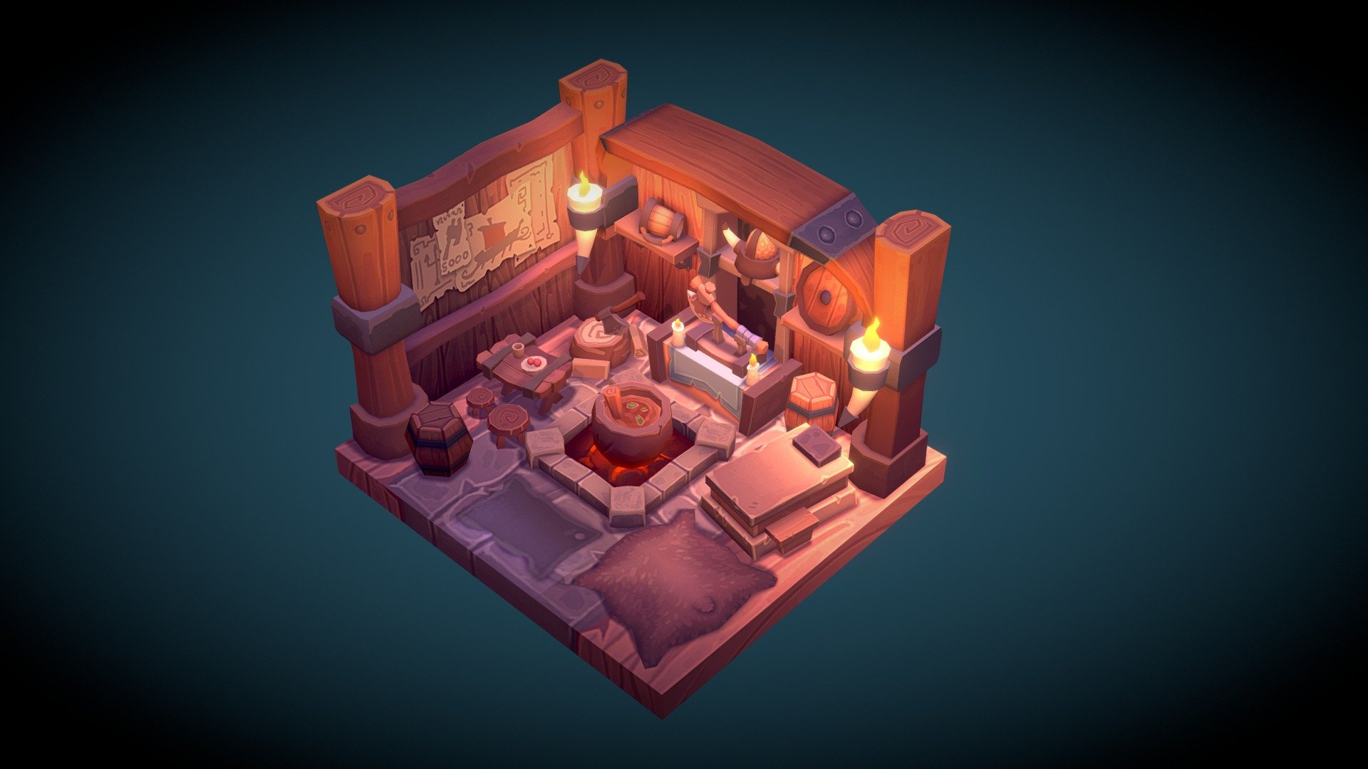 A small and warm  low poly viking house interior 3d model
