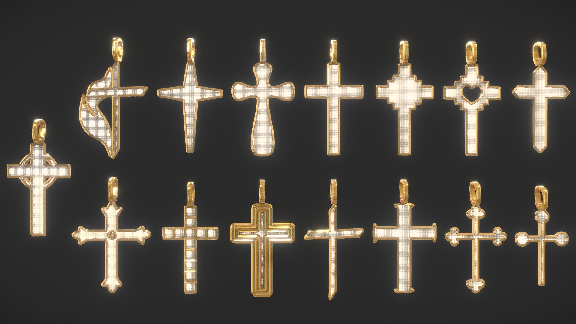 Diamond Cross Pendant pack includes : 15 highpoly cross pendants with diamond geometry and diamond material for blender!
Works great with my Diamond necklace / chains pack

Note: The diamond material is not represented in the sketchfab viewer, but looks fantastic in blender 3d model