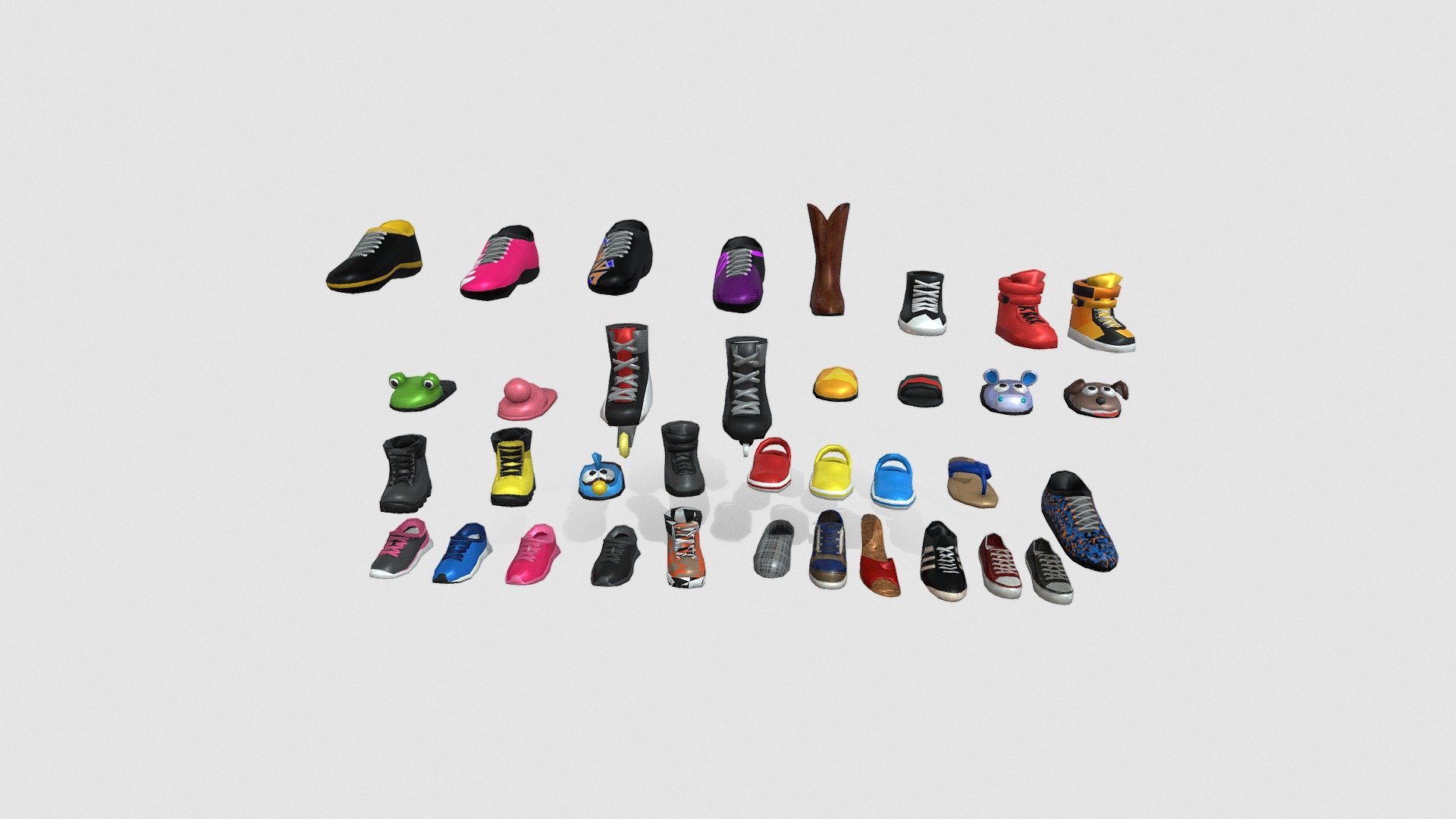 Optimised, low poly version of different shoes including male and female. The mesh uses just one texture set that covers all kind of shoes and each shoe has a polycount less then 1k. This version would be ideal for in game use.Thanks - Low poly Shoes Pack - 3D model by Waleed Asghar (@Wali-Hassan) 3d model