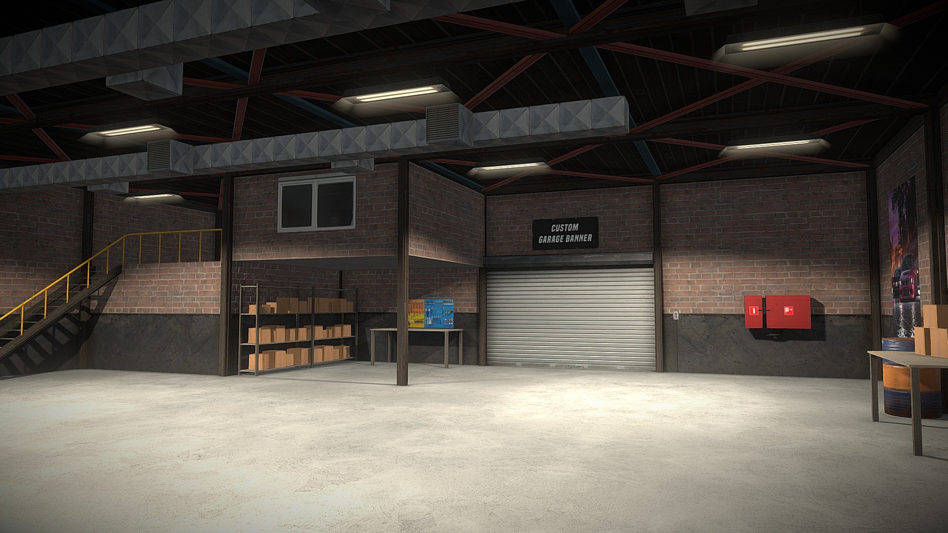 PBR Garage Environment
4 Materials:



1 Custom Banners Atlas (5 banners) (4k)



1 PBR Atlas for Garage (4k)



1 PBR Atlas for Props (4k)



1 Texture for Light Shafts on garage.



Game Ready for all platform!

Triangles: 15.2k
Vertices: 9.7k

If you have a minute I’ll be happy if you can rate this pack!

Paint Booth: https://skfb.ly/ozBst - PBR Garage Environment (Low-Poly) - Buy Royalty Free 3D model by Yurii_Chumak 3d model