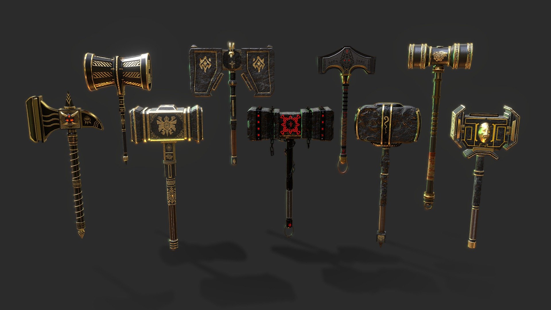 9 War Hammer Bundle 🔥⚒

Upon purchasing this package, you will receive:

9,  3D models in FBX format.
All models have UV maps and textures. 🧱
Low-poly clean topology, optimized for game and 3D software. 📺
All models have less than 10k polygons.
Created in Cinema4D, textured in Substance Painter, and rendered in Marmoset Toolbag. 📚📷

Included models:

Skull
Cage
Hawk
Bull
Chain
Wolf
Dragon
Dwarf
Lion - MW-9 War Hammer Bundle - Buy Royalty Free 3D model by Team2030 3d model