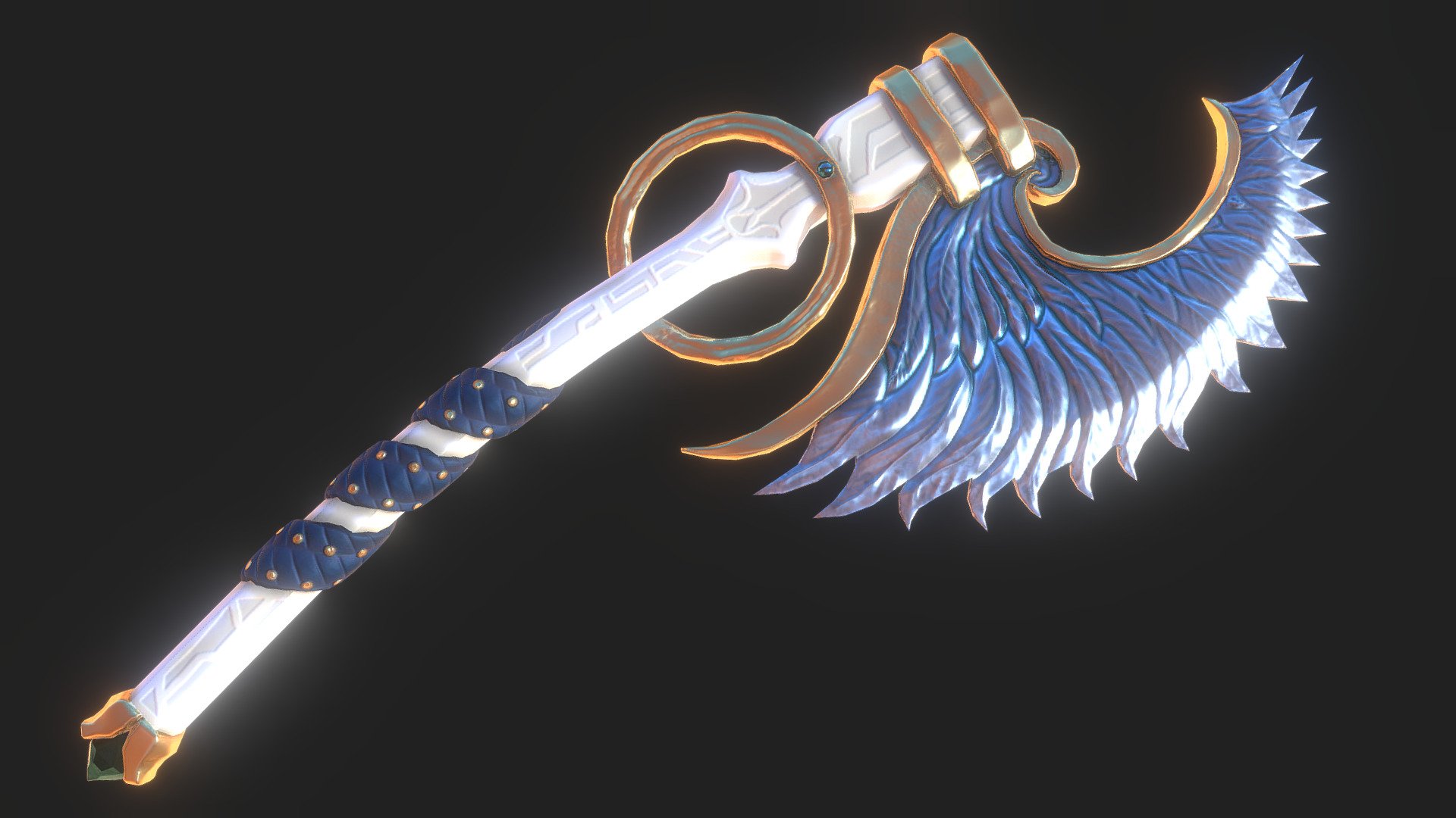 A holy Battleaxe themed around an angels wing.
low to mid poly count game asset works well in VR i should know :) - Holy Axe - Buy Royalty Free 3D model by Kim Niemann (@kimn) 3d model
