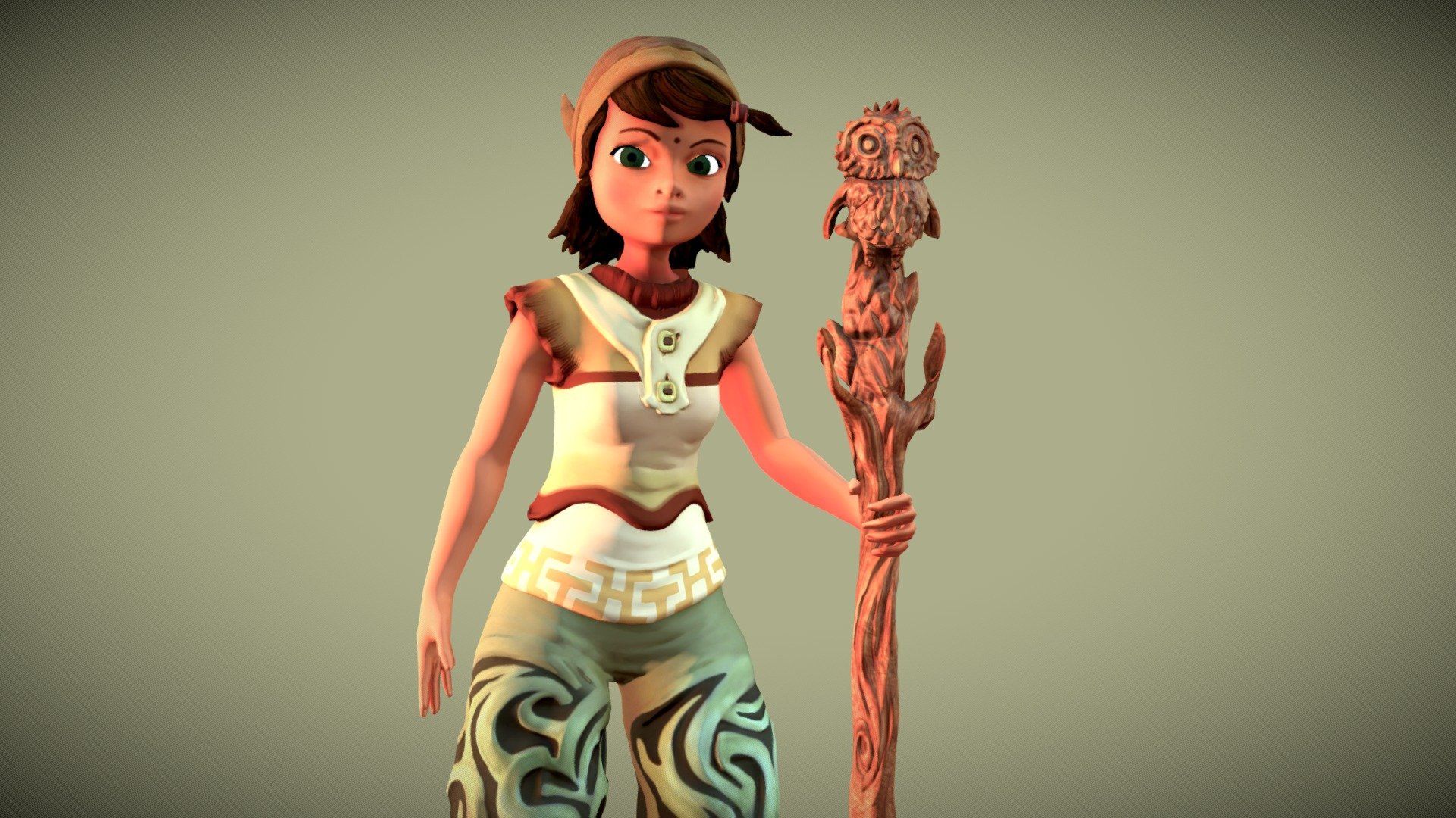 An animated character with an owl stick. I made it with zbrush (for the high poly and vertex paint),  3dsmax (for the lowpoly, UV, rig and animation) and Photoshop (Textures) 3d model