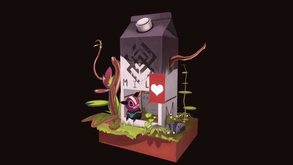 This is a rather smaller project I worked on in the last 10 days. It's based on Janice Chu's concept of a Milk Carton House! https://www.artstation.com/artwork/Eb4L2 
I did a small animation with UV's again and I am getting the hang of it. 
Had a lot of fun with this one. It's about 6k tris, because of the animation it shows way more than the actual model has! - Milk Carton House - 3D model by Curlscurly 3d model