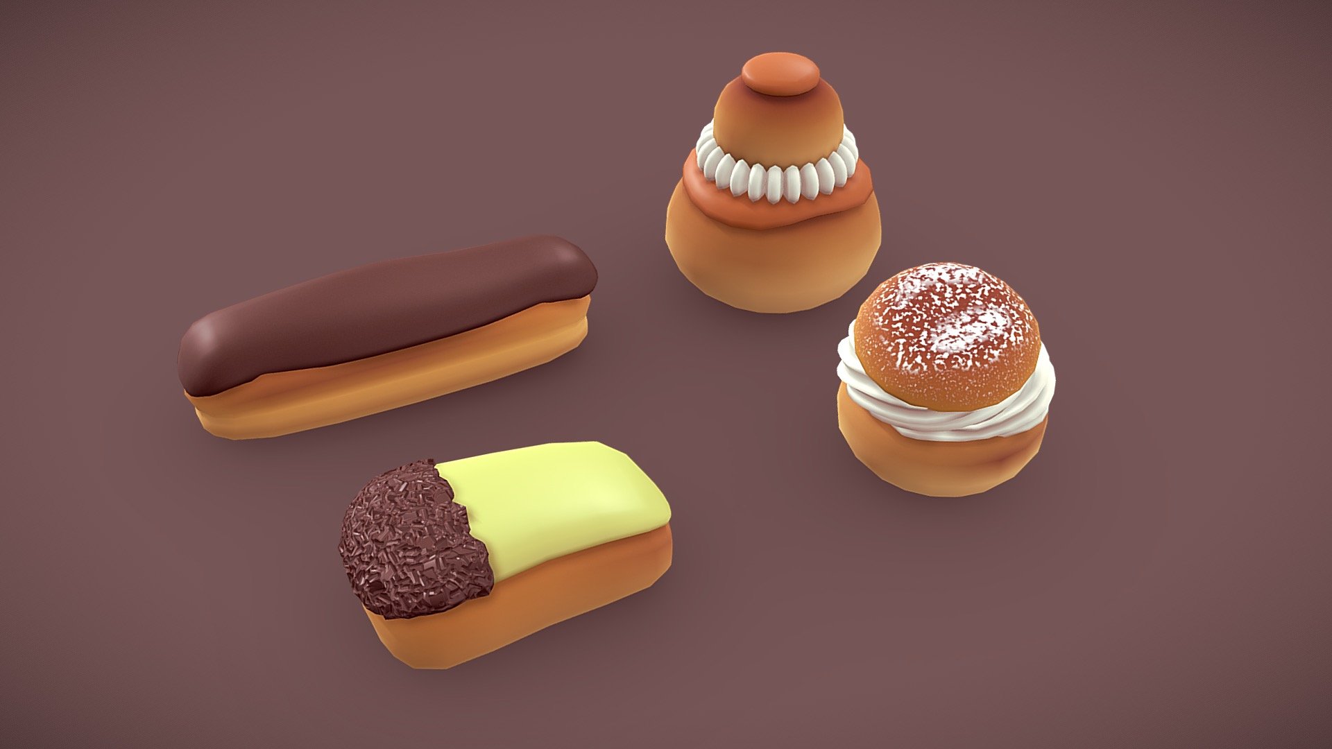 French Pastry Stylized lowpoly ready for subdiv.

Gland, Eclair au chocolat, Chou, Religieuse.

1024x1024 texture. Diffuse/Roughness/Specular 3d model