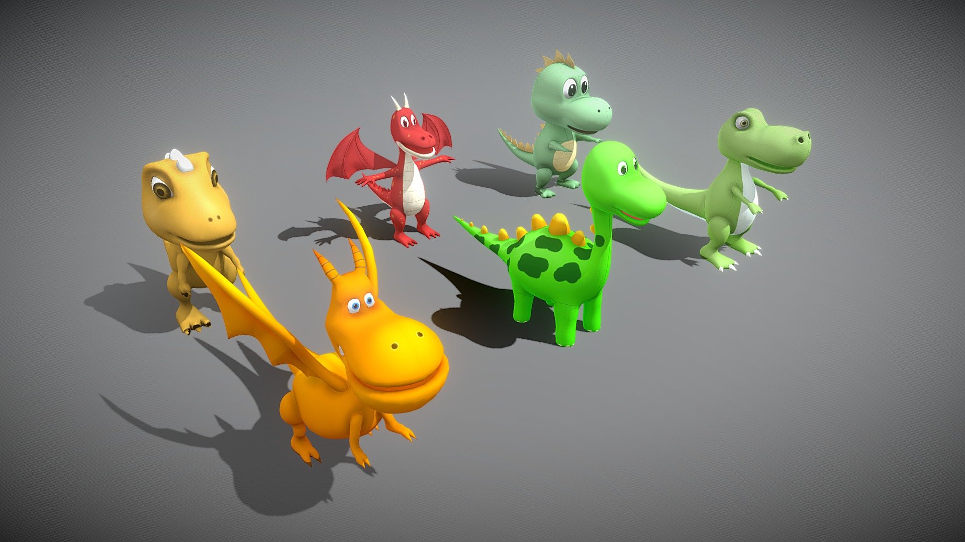 These are 6 cute dinosaurs model. 

If you want more cute models, or you have any quastions, please feel free to contact us.

E-mail:  sgzxzj13@163.com - Cartoon Dinosaurs - 3D model by Easy Game Studio (@Jeremy_Zh) 3d model