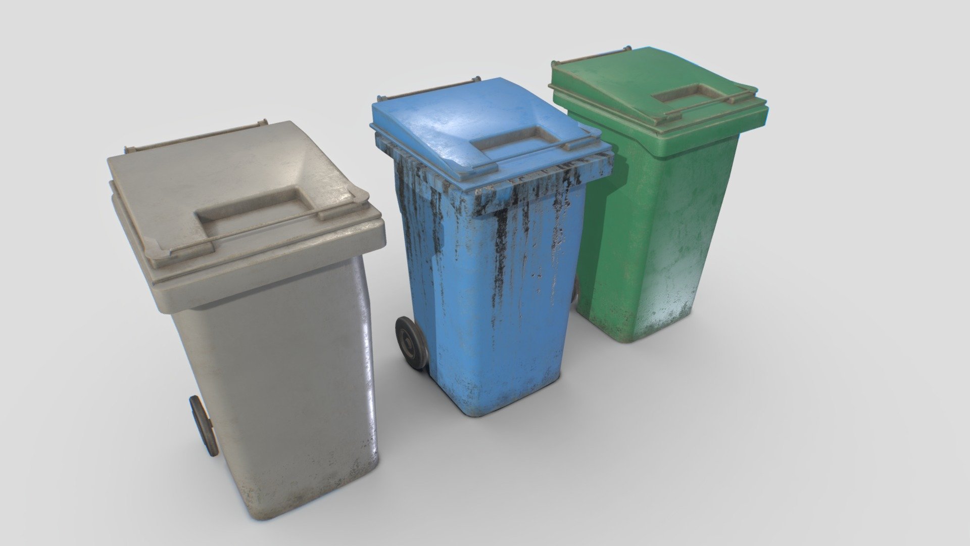 Plastic trash can. Cap can be opened. Realistic scale.

Comes with 2 texture sets, normal and leak and each one with 3 different albedo colors for a total of 6 different objects. You can also exchange the colors of the caps.

1 material.

PBR 4096x PBR textures including Albedo, Normal, Metalness, Roughness and AO. Unreal ARM mask texture included (ao, rough, metal). Also unity HDRP mask included.

3k verts and 5k tris in total 3d model