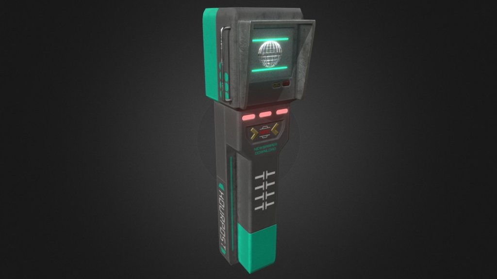 This is a small prop for urban sci-fi scenes. I came up with the idea as a science fiction version of a modern paper newspaper vending machine. Although newspapers vending machines have been being phased out for some time due to the transition to the internet&hellip; I thought this concept would work well as something to fill in an urban environment.

The rack was modeled in blender and textured in substance painter. The screen animation uses 16 planes for each frame, cycled through using shape-keys. The screen animation graphics were created within blender using keyframe animation, the principled BDSF shader, and the compositor 3d model