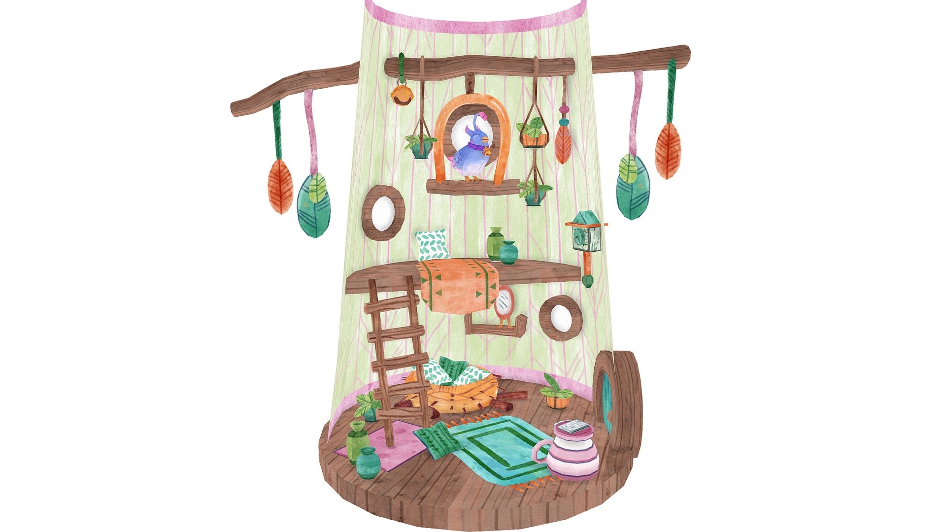 This is another location for our university game! For this, I had to concept a room where the little bird created by [@schraki ]https://sketchfab.com/schrahki) lives! This is all a construct of the birds fantasy, who in reality lives inside a small and dull cage. 
The design is inspired by bird cages and a mix of interior designs of humanoid houses 3d model