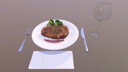 Steak plate, fork, steak, niu-pai, dao-cha, hong-jiu-bei, paper-napkin, steak-knife, red-wine-glass