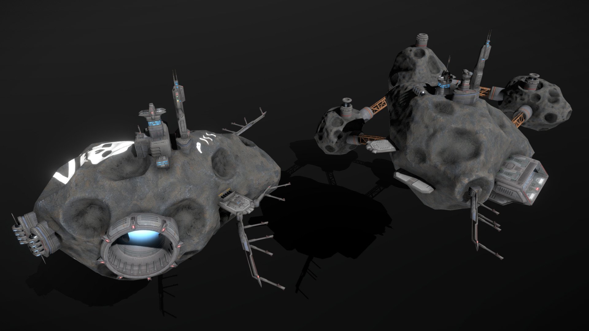 This is a model of a low-poly and game-ready scifi asteroid spacestation. 

The model consists completely of modular parts that can be combined in various ways too create different space stations. The stations above are only 2 possible examples.

Please note: The textures in the Sketchfab viewer have a reduced resolution (2K instead of 4K) to improve Sketchfab loading speed 3d model