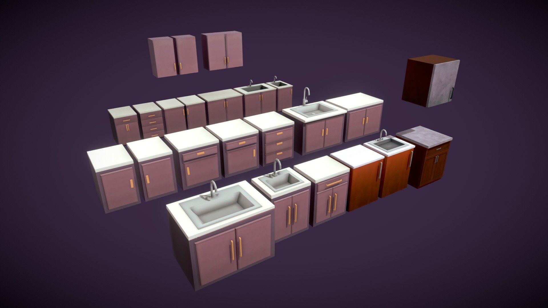 Stylised kitchen cabinets, counters, sinks 3d model