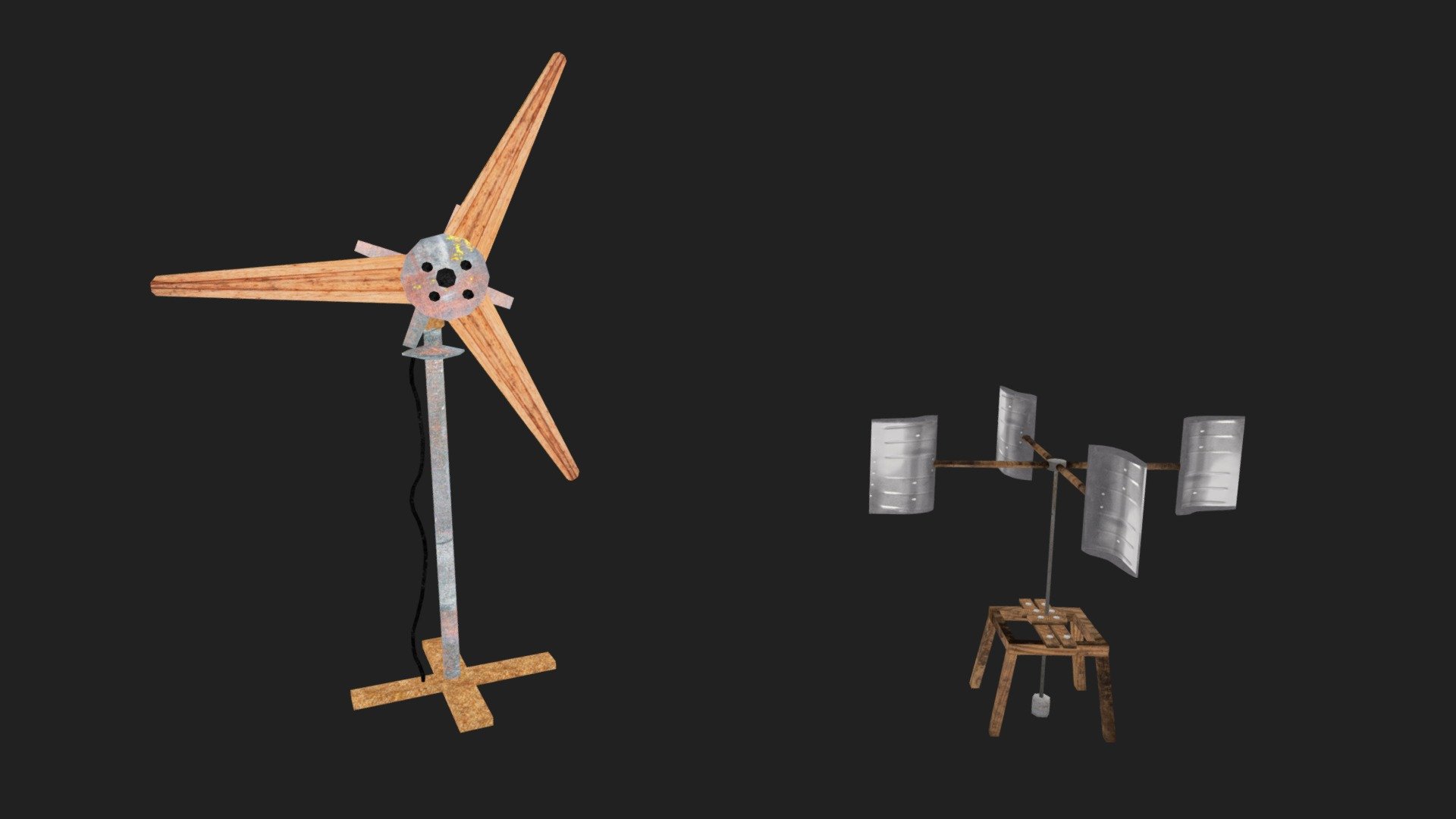 DIY windmills made from refuse for Unity 3D piece. Left windmill made from carburetor parts. Right windmill made from snow shovels 3d model