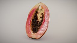 Half-Cut Mexican Papaya fruit, cut, mexican, fresh, realistic, scanned, papaya, photometry, dew, moist, seeds, pbr-texturing, pbr-materials, inciprocal, halfcut