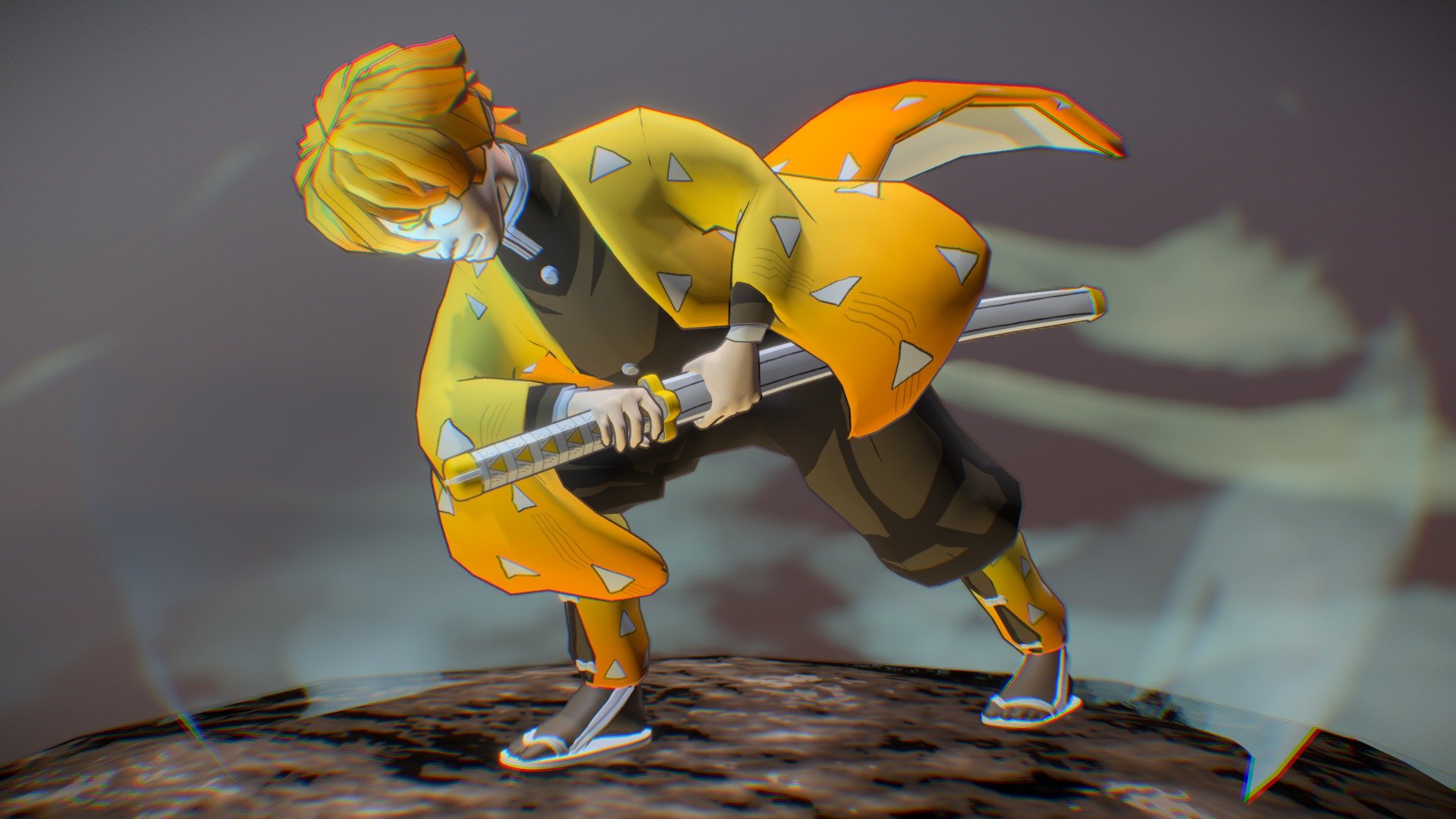 Zenitsu Agatsuma from the series Demon Slayer, or Kimetsu no Yaiba.
The piece is based on his signature move, just before he delivers the decisive blow.
Hand painted in Photoshop, and modeled in Maya 3d model